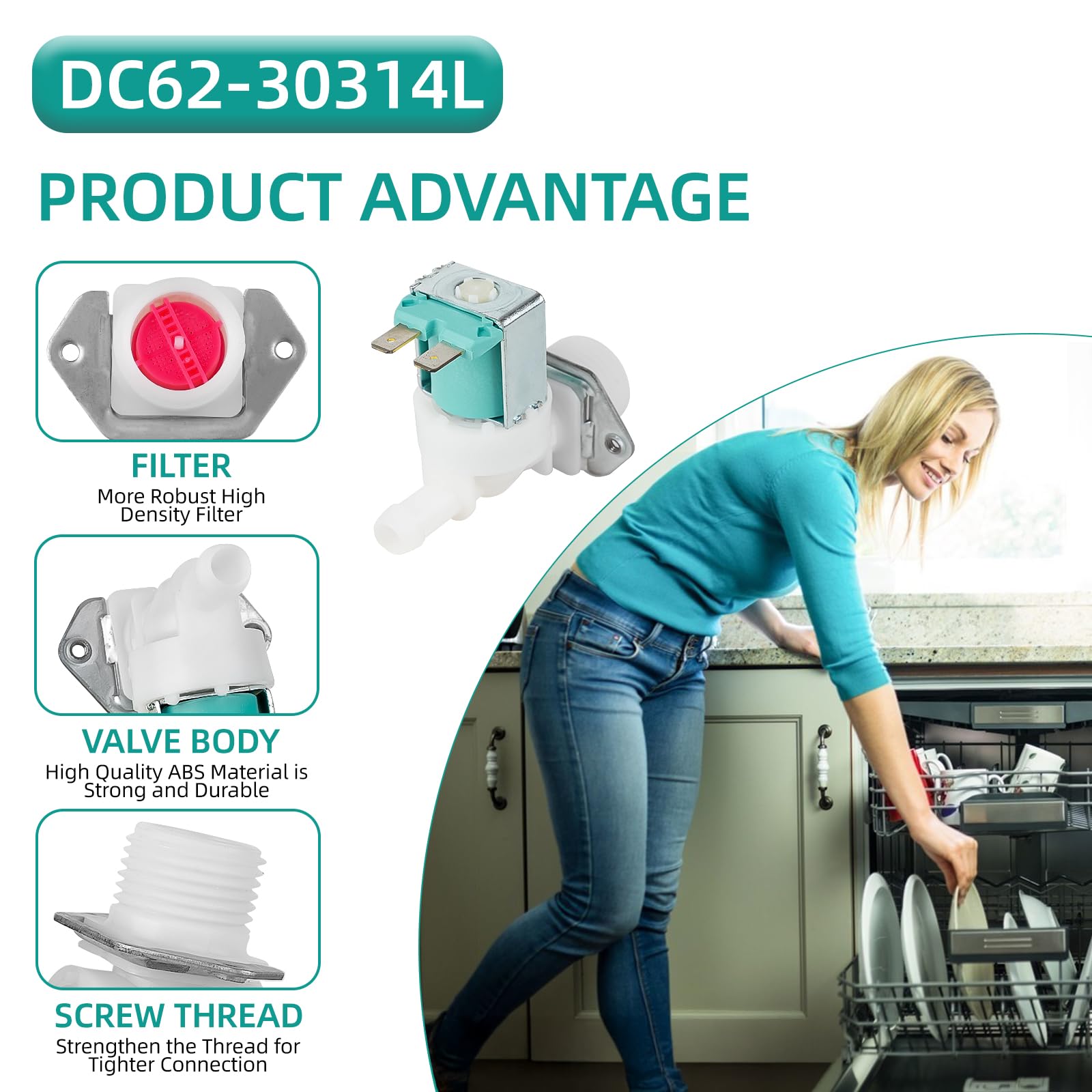 DC62-30314L Zawór wlotowy wody do zmywarki kompatybilny ze zmywarką Samsung, zamiennik 3992459 AP5582579 PS4209101