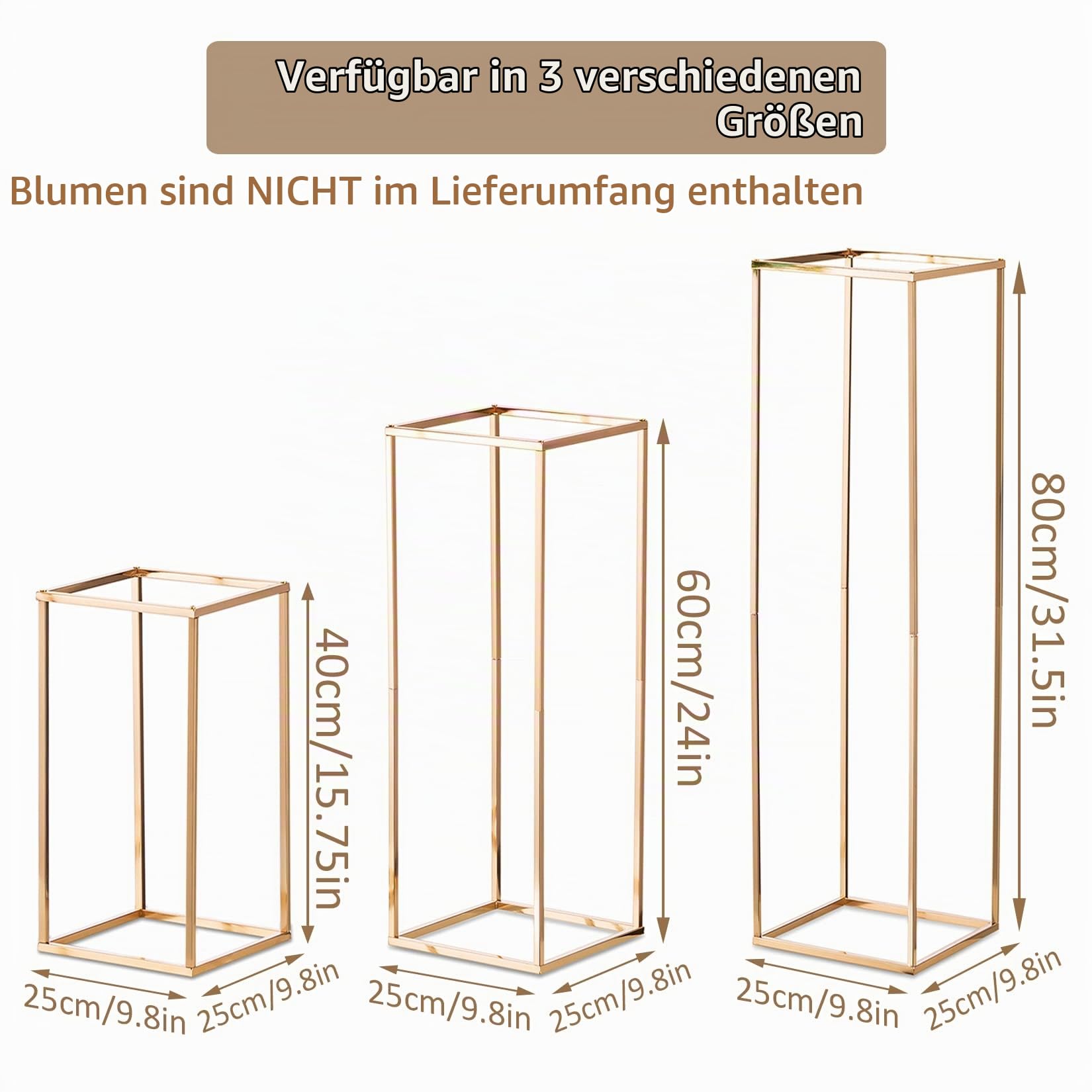 Sziqiqi 2 Stück Hochzeit Mittelstücke Gold Vasen- Hoch Blumenständer Metall Bodenvase Säule Geometrische Mittelstücke Steht Rechteckiges Display Rack für Hochzeiten Partydekoration, 80cm