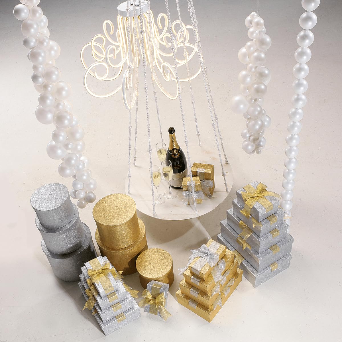 Geschenkboxen-Set mit Schleifen 5 Stück Gold glitzernd von 17 x 8 x 5 cm bis 30 x 21 x 9 cm (L x B x H) Geschenkverpackung Aufbewahrung