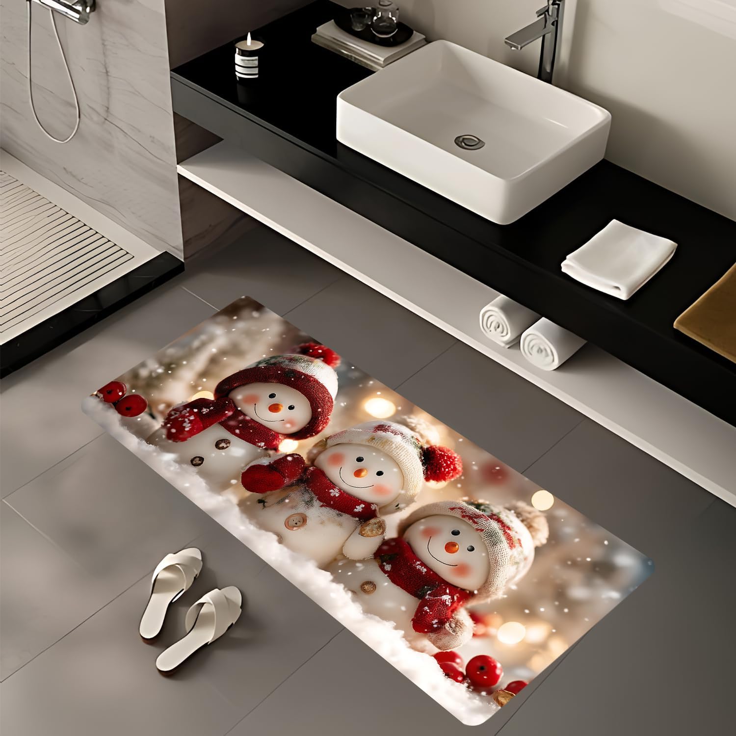 Snowman Family Laundry Room Rug 20x47 Inch – Non-Slip Winter Runner Mat for Laundry Room, Entryway, Christmas Decor