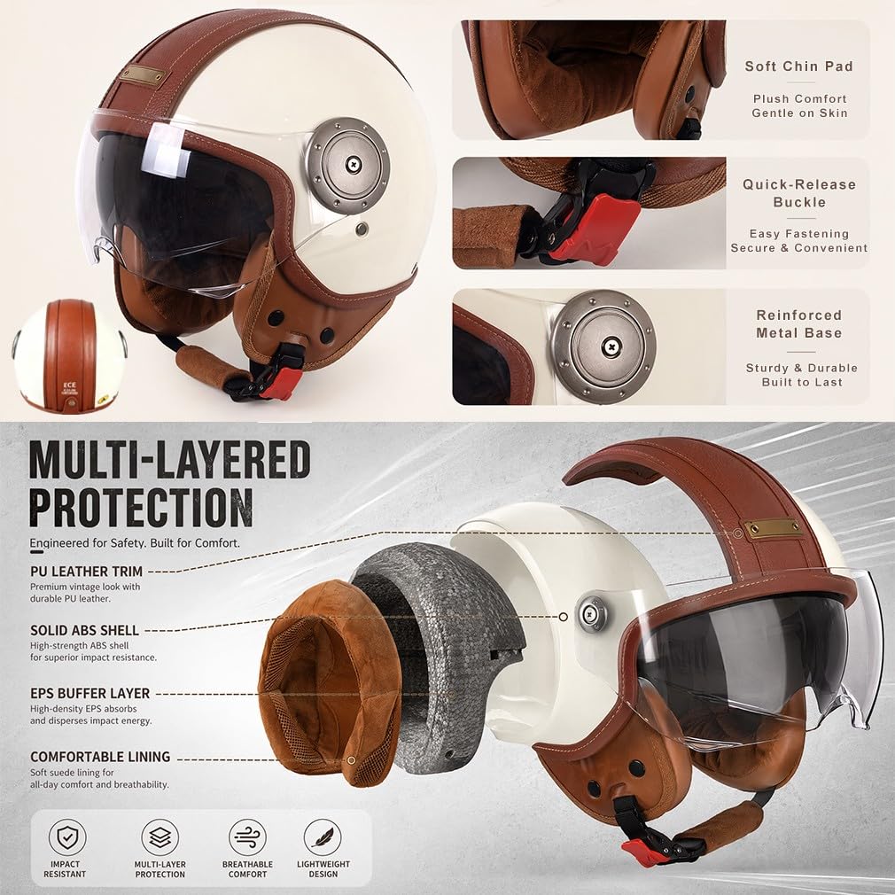 Retro 3/4 otwarty kask motocyklowy, ECE 22.06, lekka powłoka ABS, detale ze skóry PU, wyjmowana wyściółka wewnętrzna, z osłoną twarzy, unisex, do miejskich i wiejskich dróg, M-L (57-60 cm)