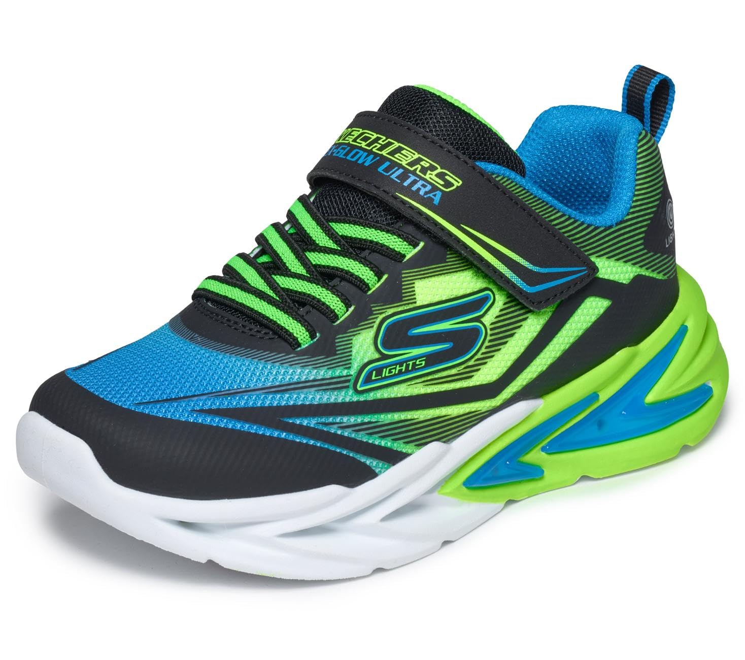 Skechers Boy's Flex-Glow Ultra Trainers, Black Synthetic/Blue & Lime Textile/Silve, 10.5 UK Child