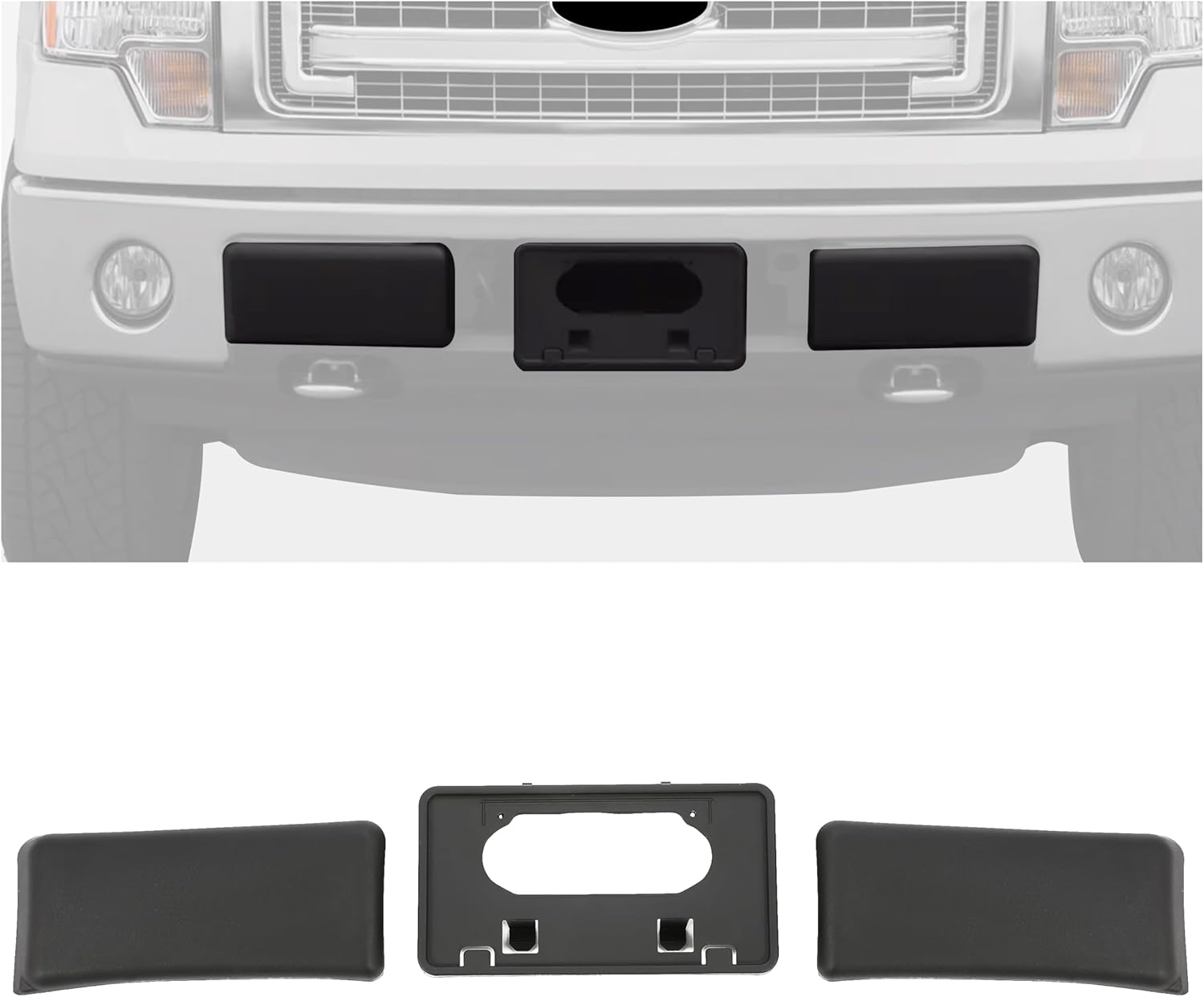 ECOTRIC Front Bumper Guards Pads + License Plate Frame Compatible with 2009-2014 Ford F150 Replacement for 9L3Z17E810B FO1053100 9L3Z17A385A FO1068134 Black