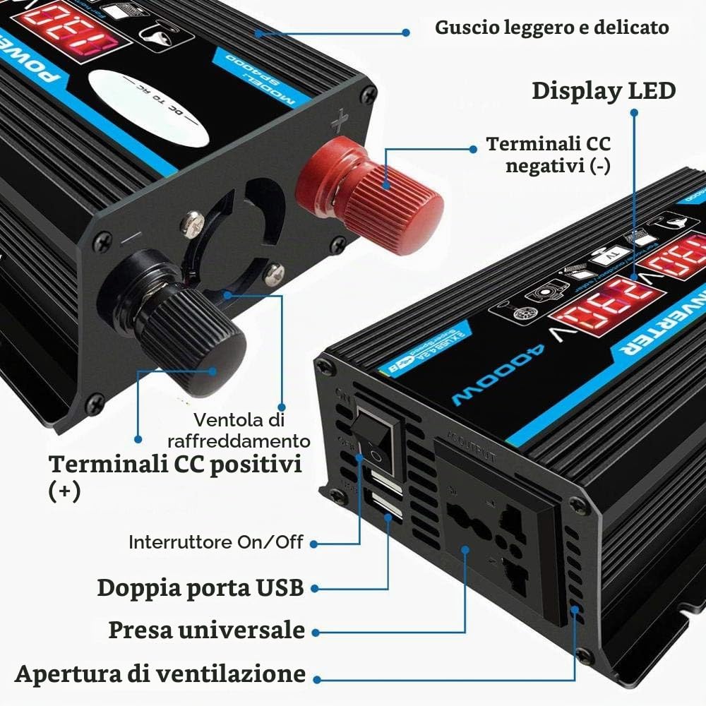 Inverter 12V 220V 4000W - Auto Power Inverter con Dual USB e Onda sinusoidale modificata (Black 12v 220v)