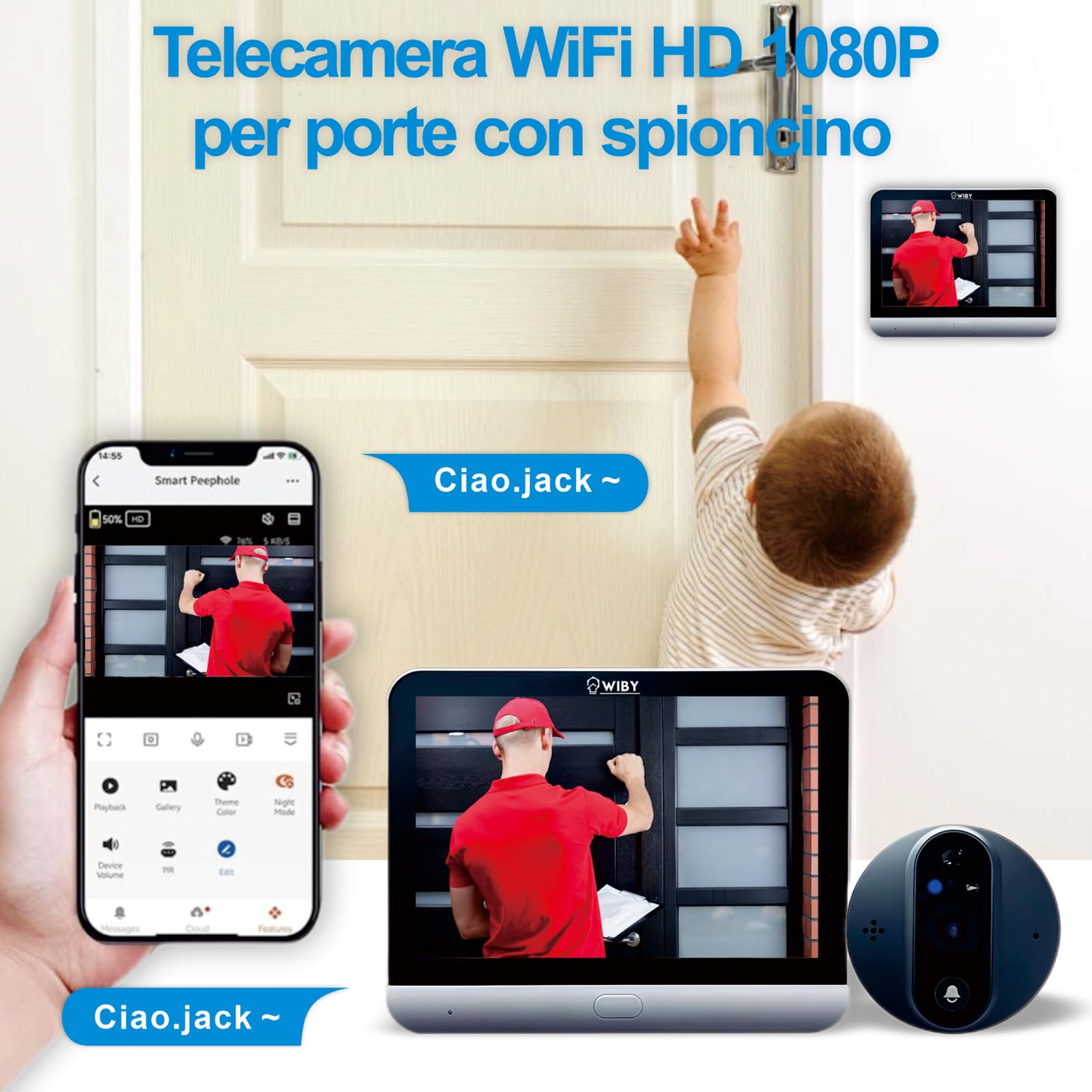Spioncino Digitale 4.3" con Campanello 1080P Wi-Fi 2,4GHz, Rilevamento PIR, Audio Bidirezionale, Visione Notturna, Compatibile con Alexa e Google Home, microSD fino a 128 GB, Batteria 5000mAh