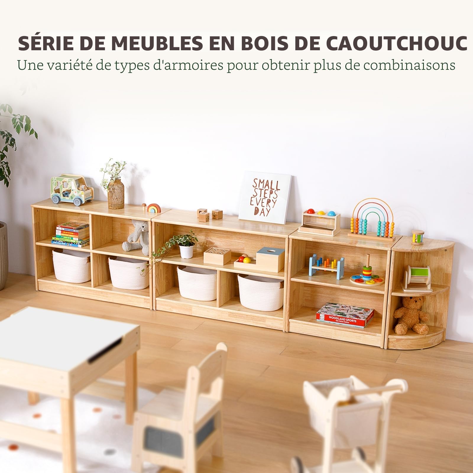 OOOK Étagère-Montessori 5 Cases Bois d'hévéa 110cm (43,3'') - 2 systèmes Rangement & Stockage - Armoire en Bois pour Chambre d'enfant, Salle de Jeux, garderie, Classe & Maternelle