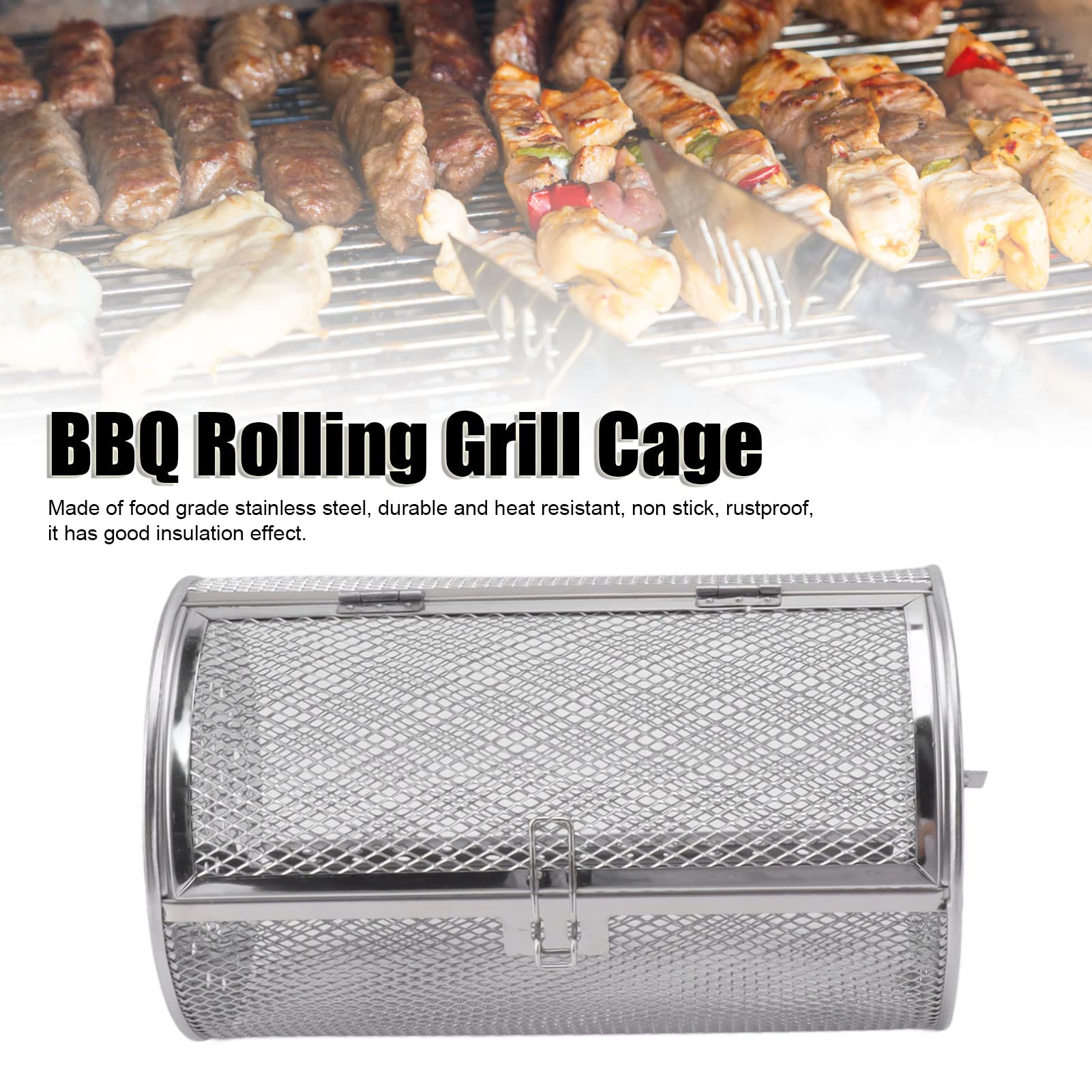 Haofy Rotolamento Cestello per Grigliare Gabbia per Griglia in Acciaio Inossidabile Griglia per Barbecue Rotonda per Griglia All'aperto, per Pesce, Gamberi, Carne, Verdure, Patatine (C)