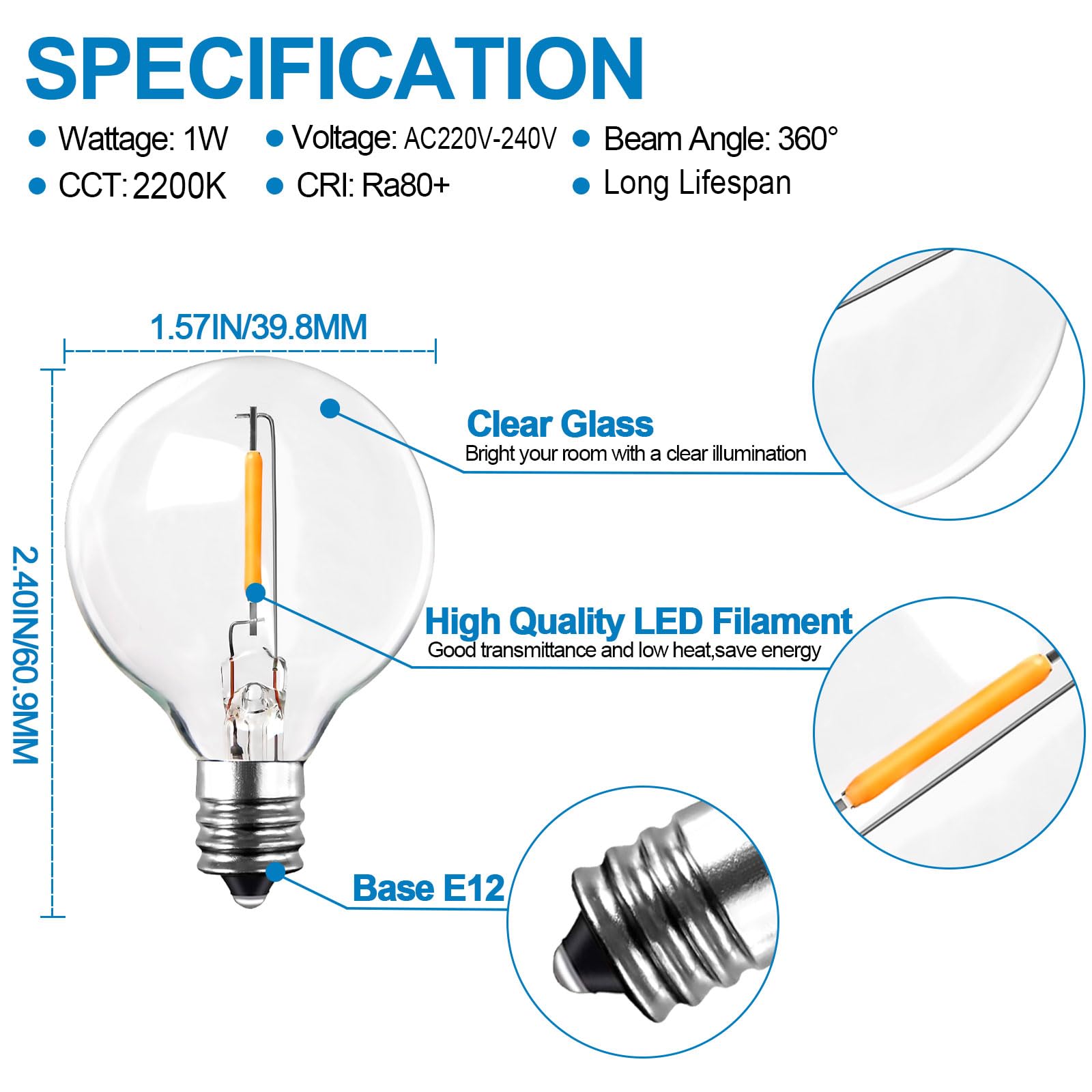 LangPlus+ 25 Pack G40 LED lampadine di ricambio, 1W E12 piccola lampadina a vite, 2200K bianco caldo vetro chiaro globo Edison lampadine per interni luci di stringa all'aperto