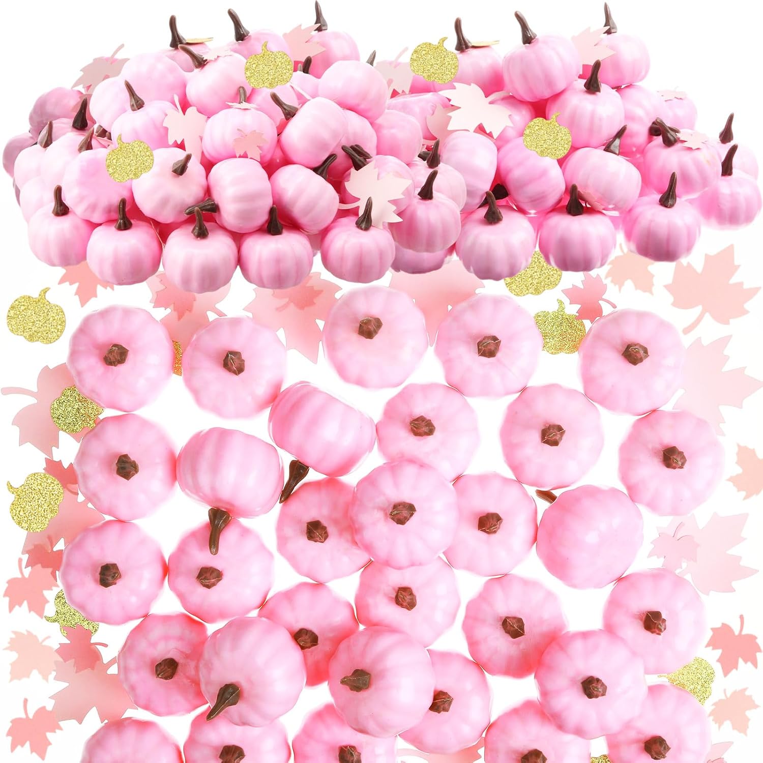 Thyle 50 Pcs 2 Inch Fall Artificial Pumpkins Bulk Halloween Thanksgiving Small Foam Pumpkins with 100 Confetti Maple Leaves Baby Shower Decorative for Thanksgiving Centerpiece(Pink) Pink Classic Style