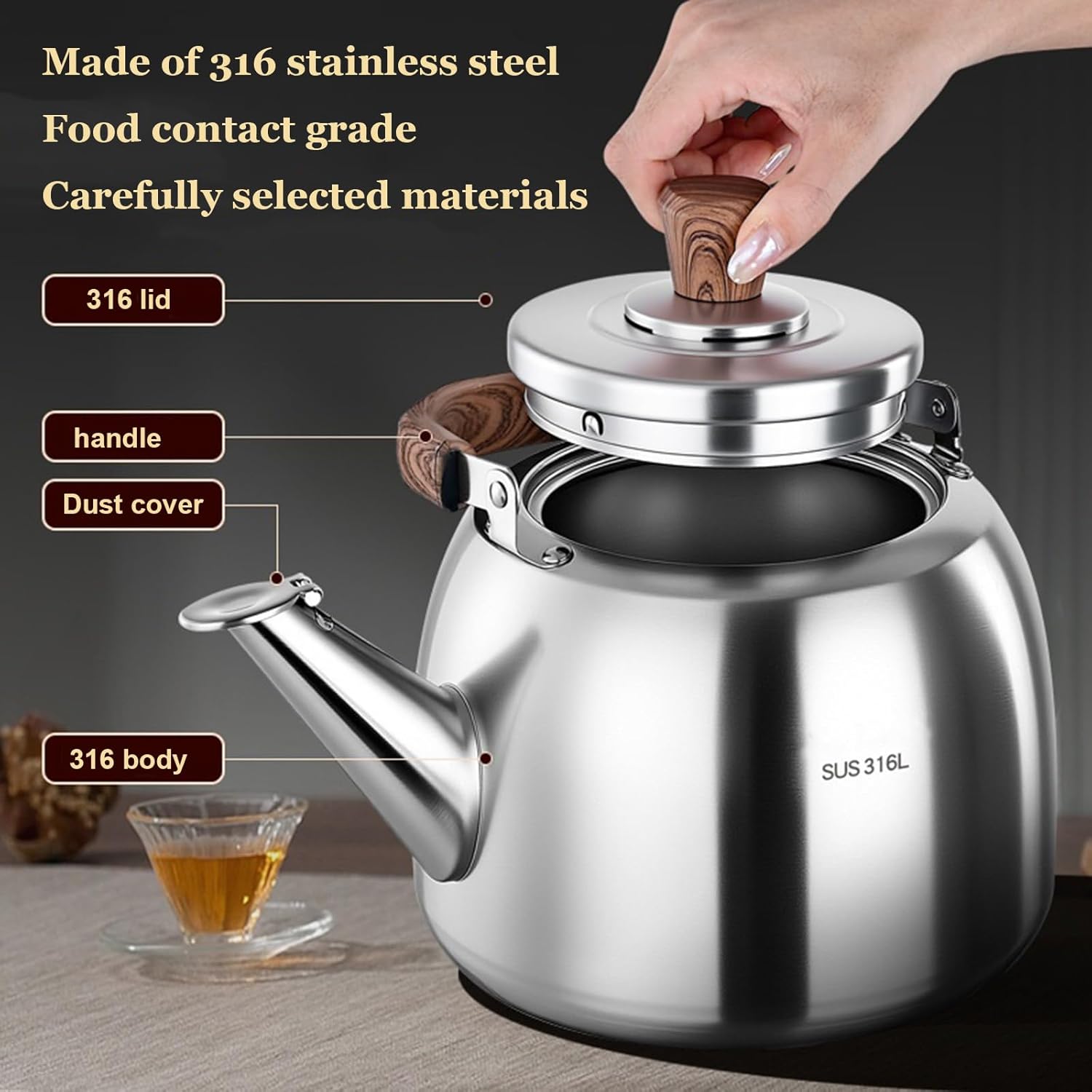 Modern 316 Stainless Steel Whistling Tea Kettle for Stovetop with Grip Ergonomic Handle Fast Boiling Whistling Tea Kettle for Stove Top(5L)