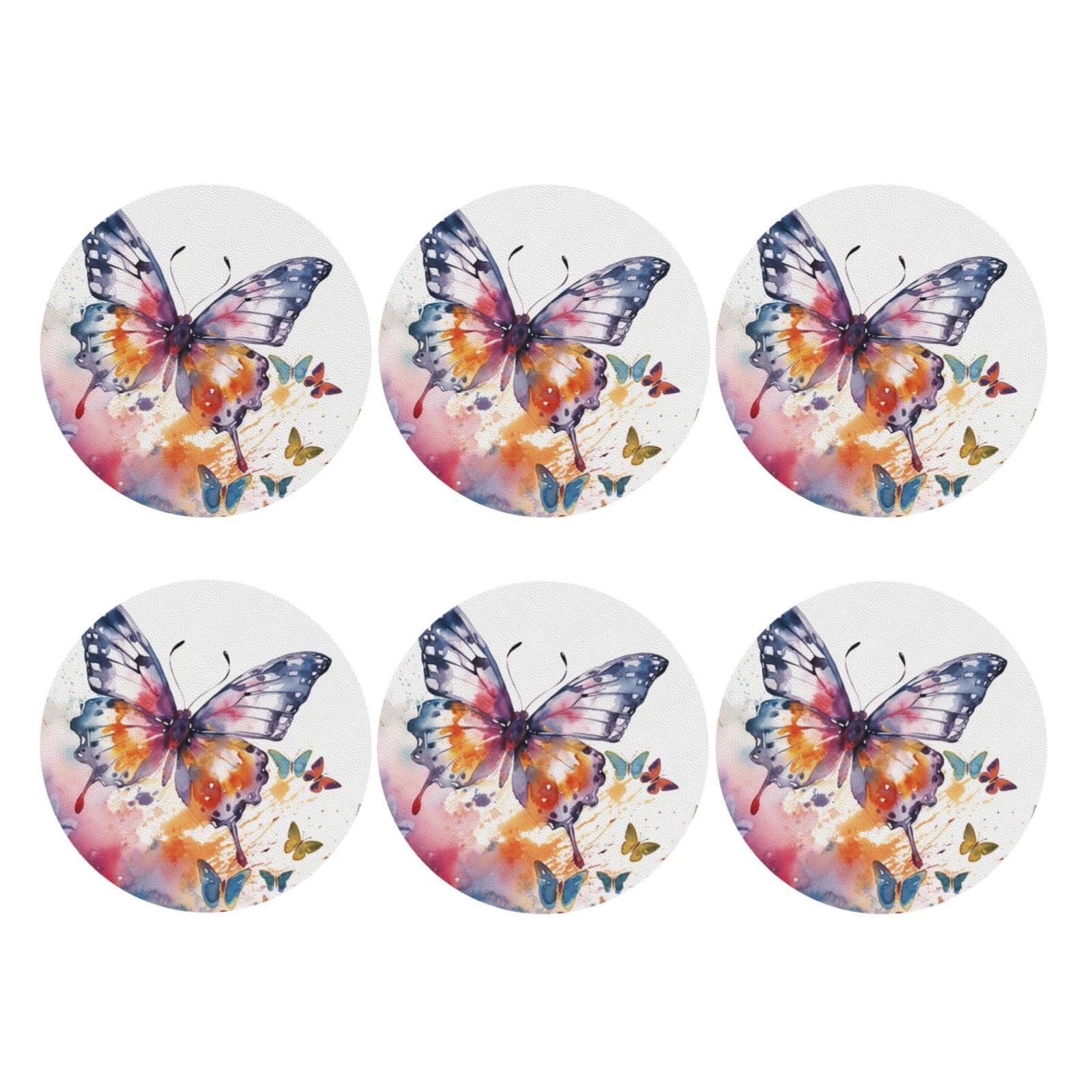 6pcs Leather Coasters for Drinks, Watercolor Butterfly Drink Coasters for Tabletop Protection, 4" Cup Coasters for Coffee Table Decor, Non-Slip Drinking Cup Mat for Hot Or Cold Drink