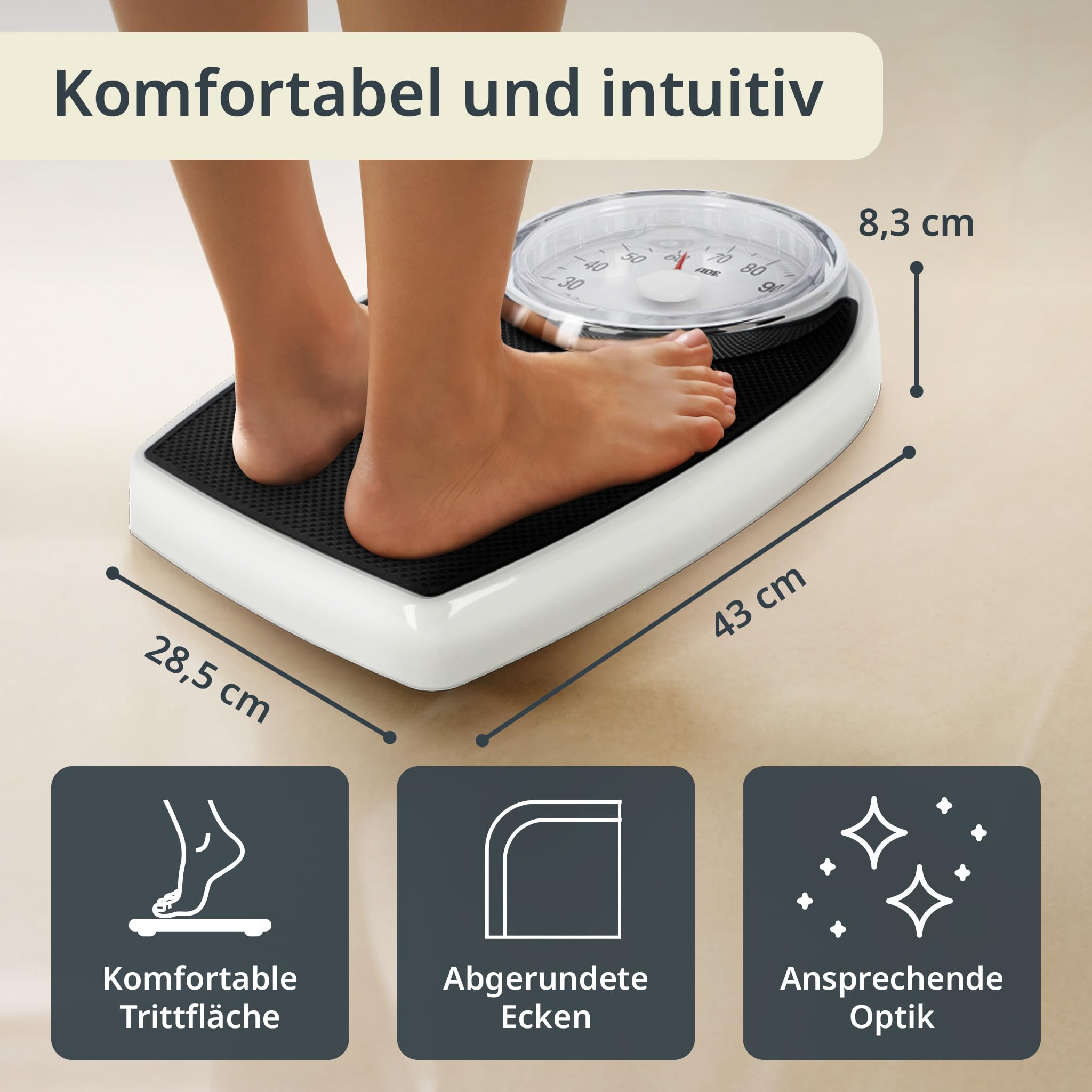 ADE Körperwaage analog im Retro Look | rutschfeste Wiegeoberfläche | mechanische Personenwaage mit extra großer Anzeige | ohne Batterie | bis 136 kg | schwarz