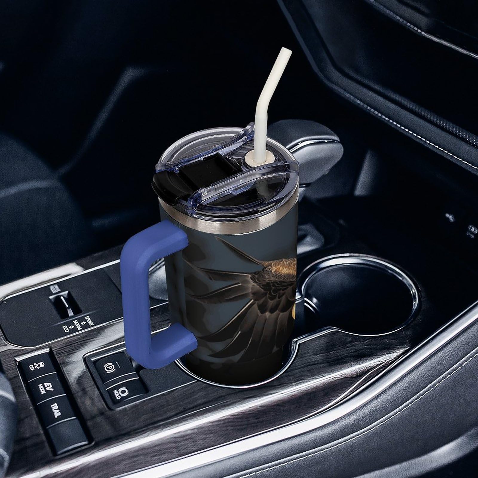 304 Edelstahl-Autobecher, 3D-Glatzenadler, Becher mit Strohhalm und auslaufsicherem Deckel, großes Fassungsvermögen, vakuumisolierter Reisebecher für Auto-Becherhalter, 1,2 l