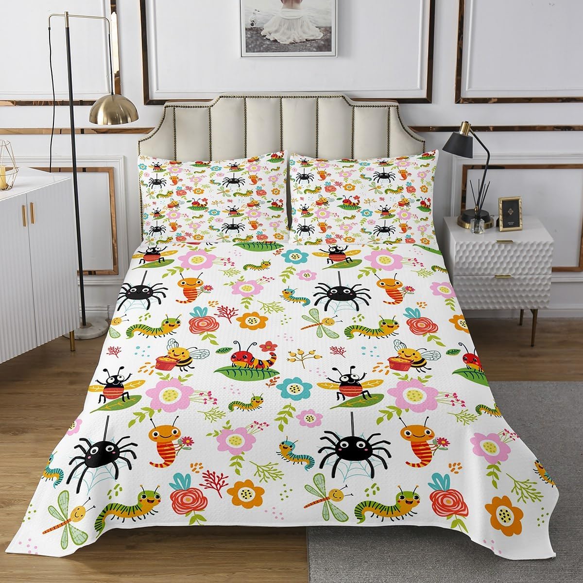 Homewish Cartoon Insects Bedspread Twin Size,Cute Bee Bug Spider Bedding Sets 2Pcs for Kids Girls Boys Room Decor,Colorful Flower Leaves Comforter Set Wild Animal Plant Quilt Coverlet,1 Pillowcase