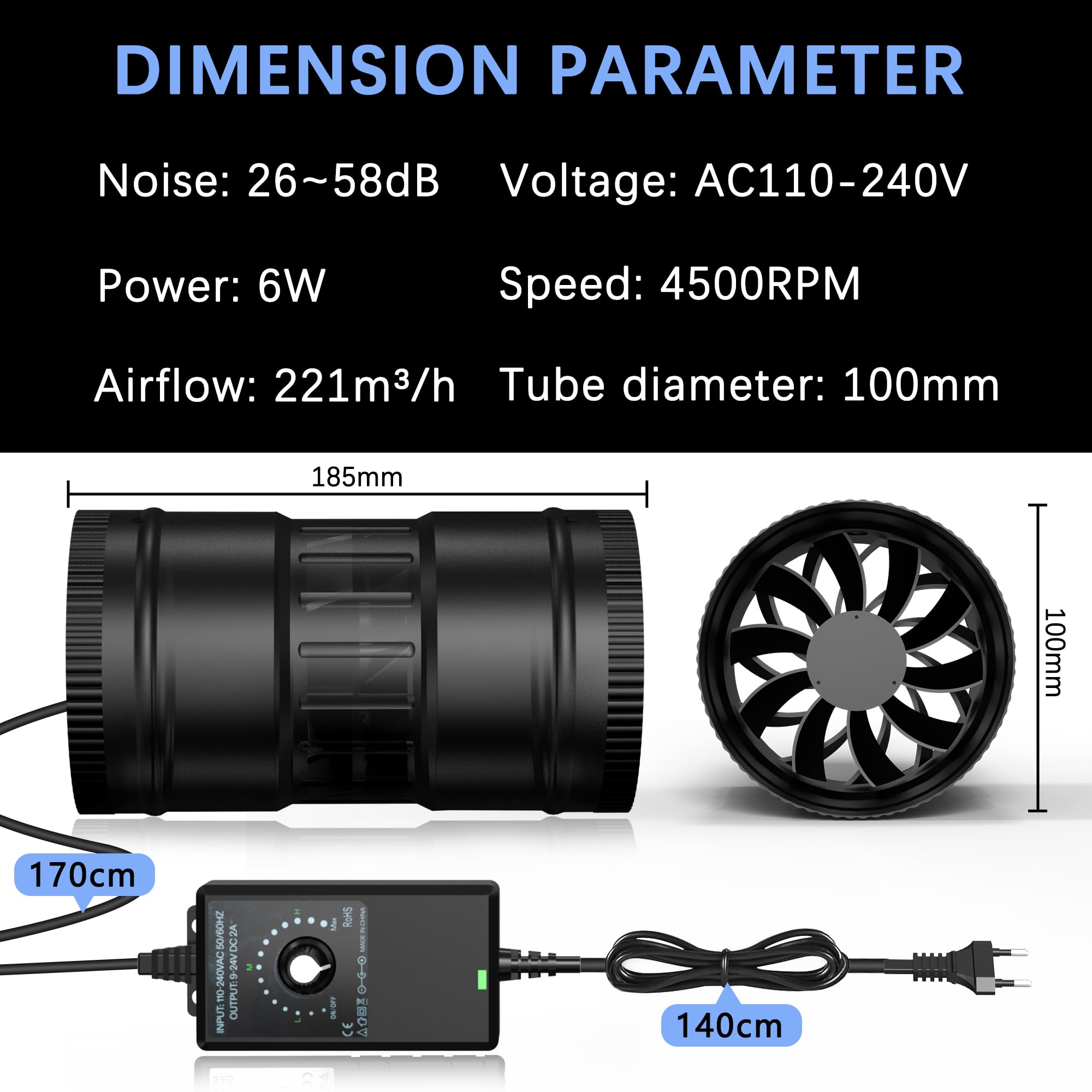 Aygrochy Ventilatore per tubi, 100 mm, silenzioso, per tende da