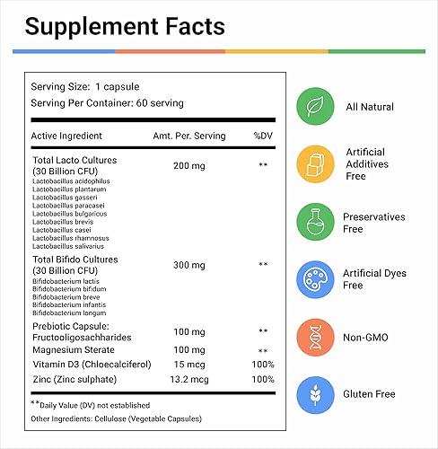 Miniatura 5 de LivingRock Probióticos 60 mil millones de UFC 14 cepas diversas + fibra prebiótica (FOS) con zinc y vitamina D3 Suplemento dietético sin gluten,