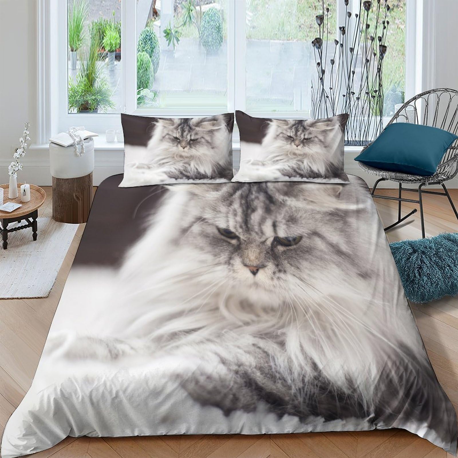 Ctjqhvkz Style-2 3D Printed Fluffy Cat Fitted Sheet Microfiber Bedroom Decor Grey Animal Bed Cover For Home Guest Room Easy Care Single（135X200cm）