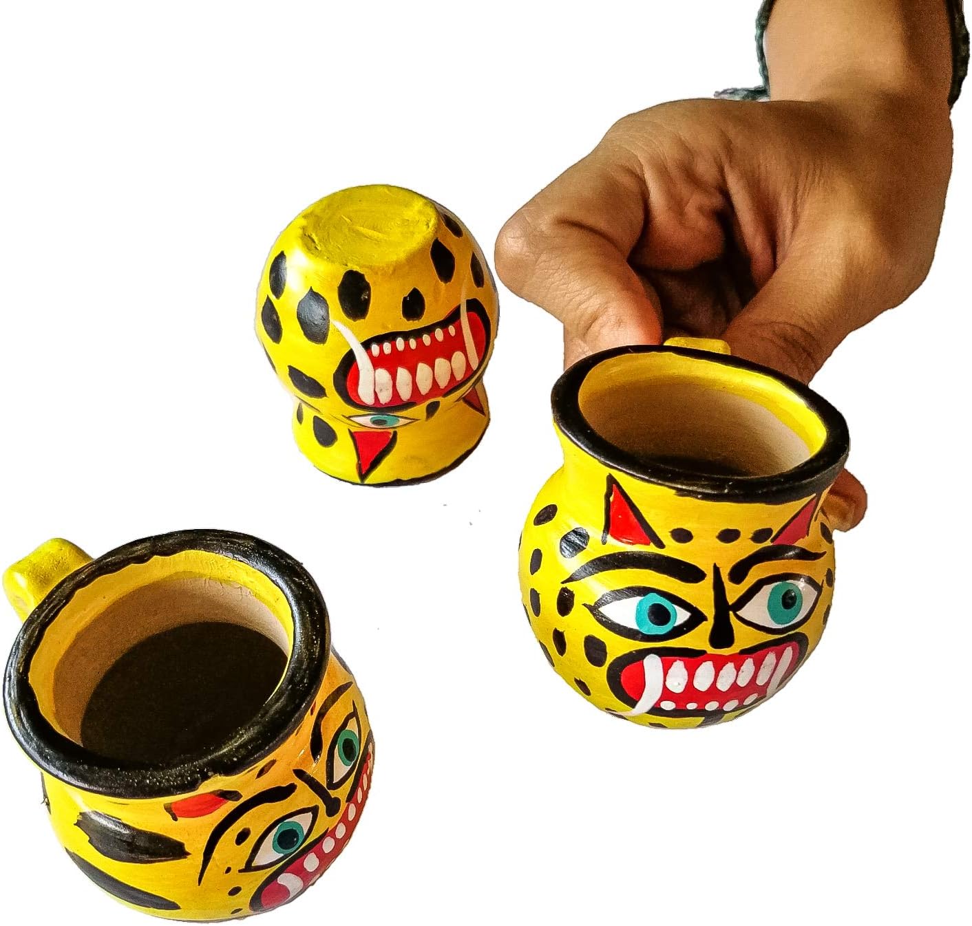 Jacq & Jürgen Set of 6 Mexican Shot Glasses, Handmade Clay Jarritos with Jaguar Design for Tequila and Mezcal