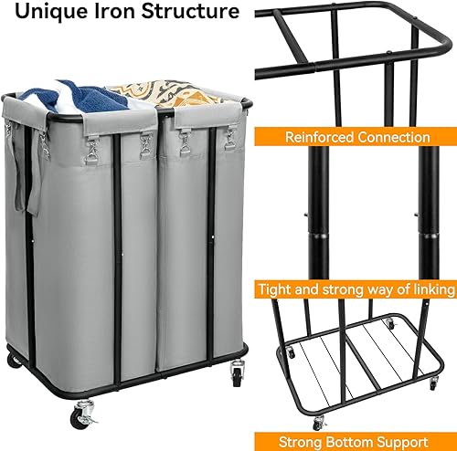 Miniatura 5 de WOWLIVE Cesta de lavandería doble con ruedas de 170 L, cesta organizadora de lavandería con marco de acero y bolsas extraíbles, cesta grande para