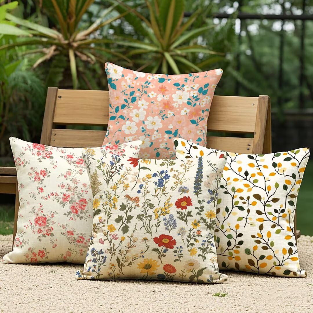 Federe Cuscini per Esterno 40 x 40 cm, Floreale Copricuscini Divano Decorativi Set di 4 Primavera Ed Estate Copricuscino Impermeabili Lino Fodere Cuscini Decorativi per Giardino Soggiorno Sedie Ym504