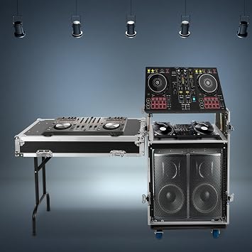 DYNAMI 12U PA DJ Rack with Wheels,2 Tier Heavy Duty Road ATA Case with DJ Work Table,Pro DJ Mixer Stand Audio Rac, for Music Studio Booth Pro Audio Recording Cabinet Stage Equipment 12U+Work Table