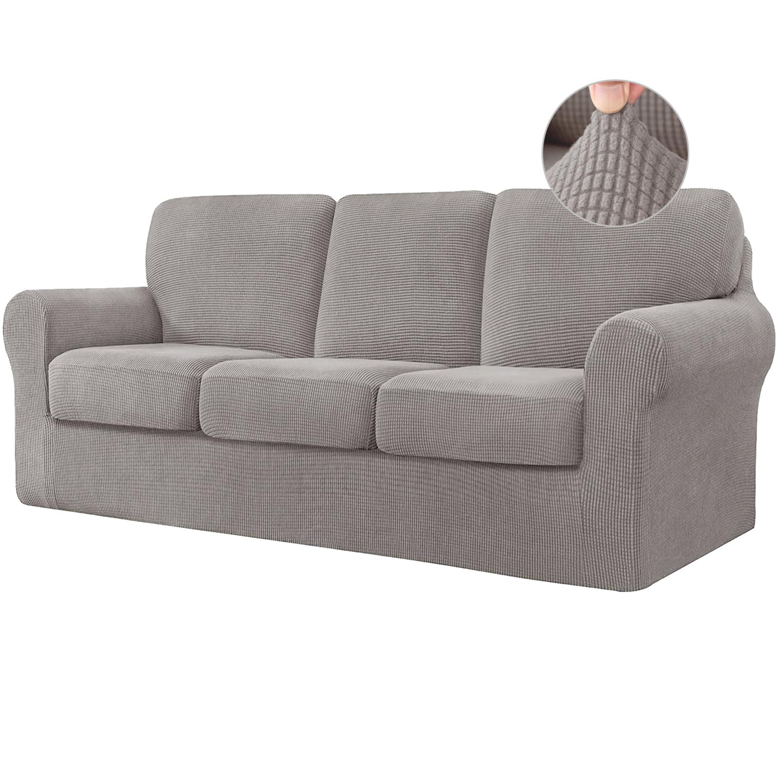BXFUL Stretch Sofa Cover with Separate Cushions and Backrests Covers Jacquard Spandex Fabric Sofa Slipcover for Living Room Furniture Protector (3-Seater,Gray Brown)