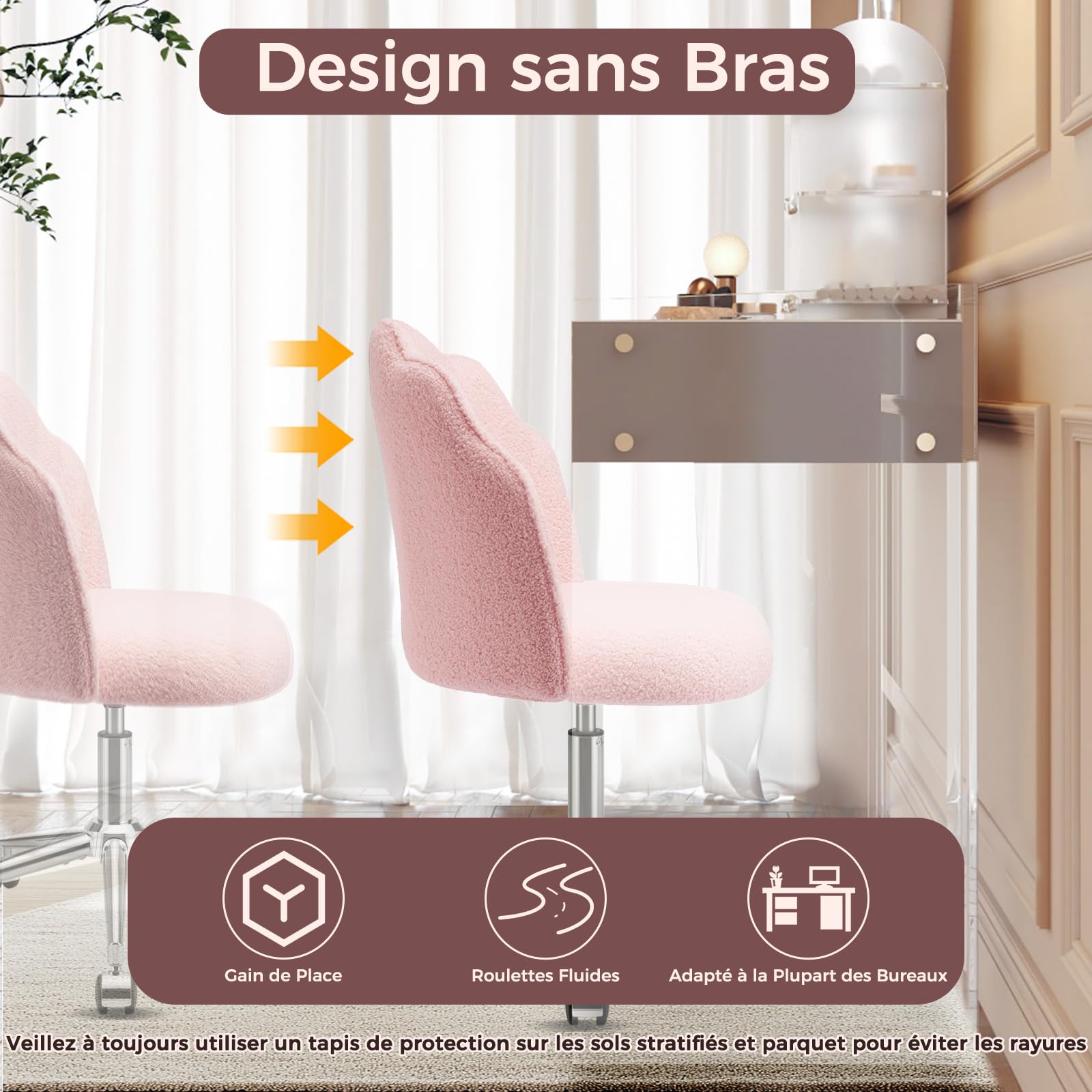 Chaise Coiffeuse Chambre, Chaise Pivotante à Roulette‌ pour Fille, Siege de Bureau Confortable, Montage Facile, Rose