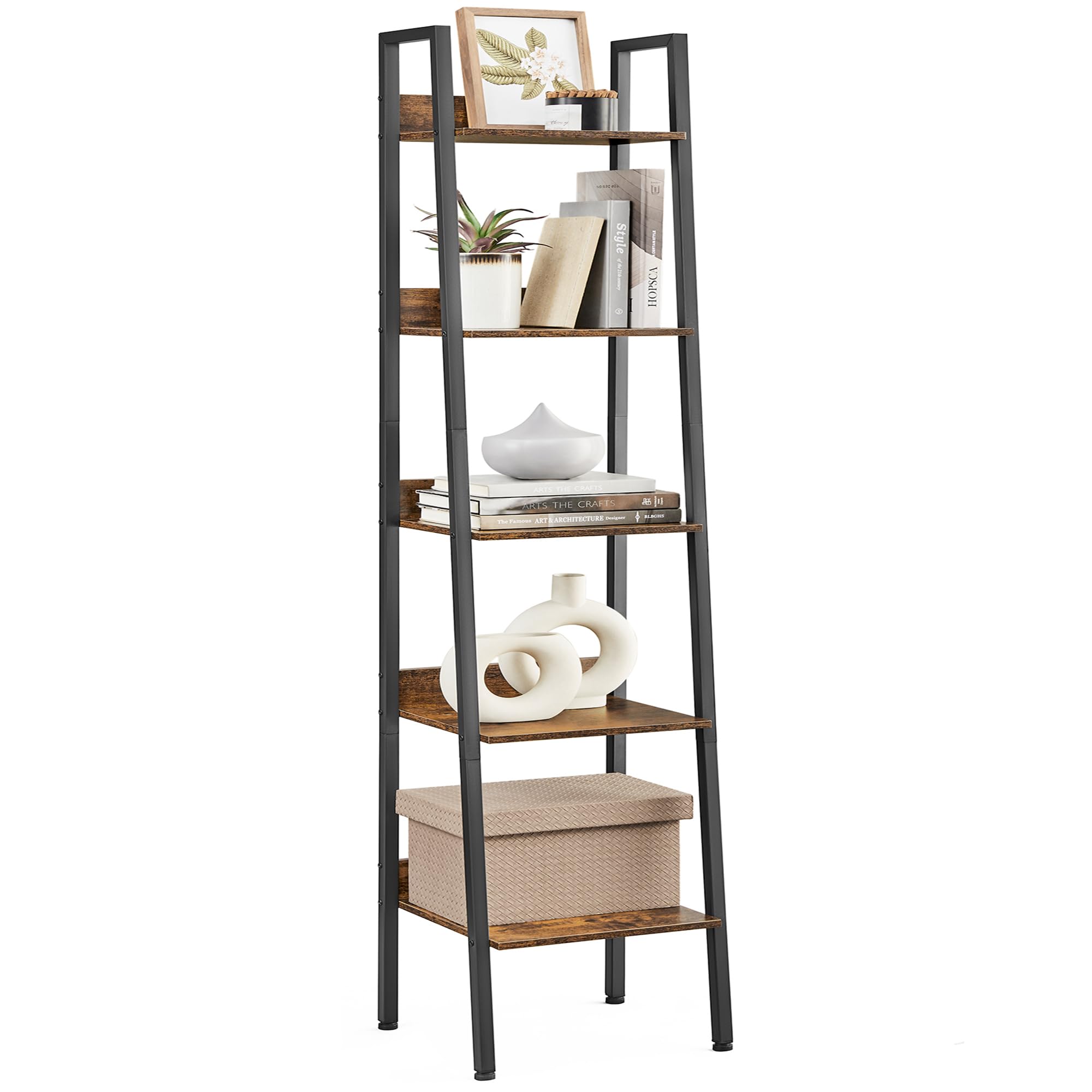 VASAGLE Bookshelf, 5-Tier Narrow Book Shelf, 11.8 x 13.3 x 66.9 Inches, Ladder Shelf for Home Office, Living Room, Bedroom, Kitchen, Rustic Brown and Ink Black ULLS109B01