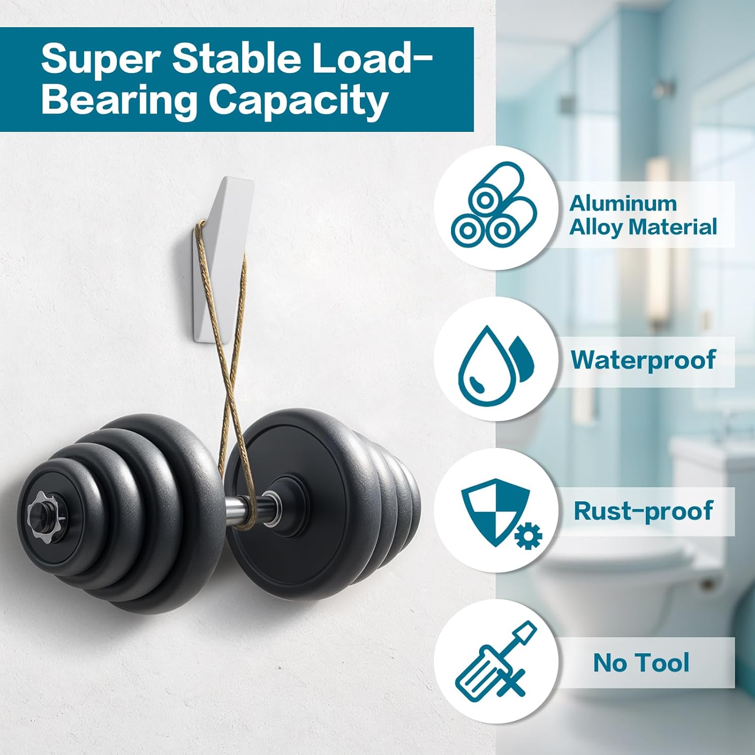 Heavy Duty Adhesive Hooks - No Drill Aluminum Alloy Wall Hooks for Bathroom, Kitchen, Tile & Glass, Waterproof Rustproof Bath Towel Hooks, Coats/Hats/Bags (4Pack)