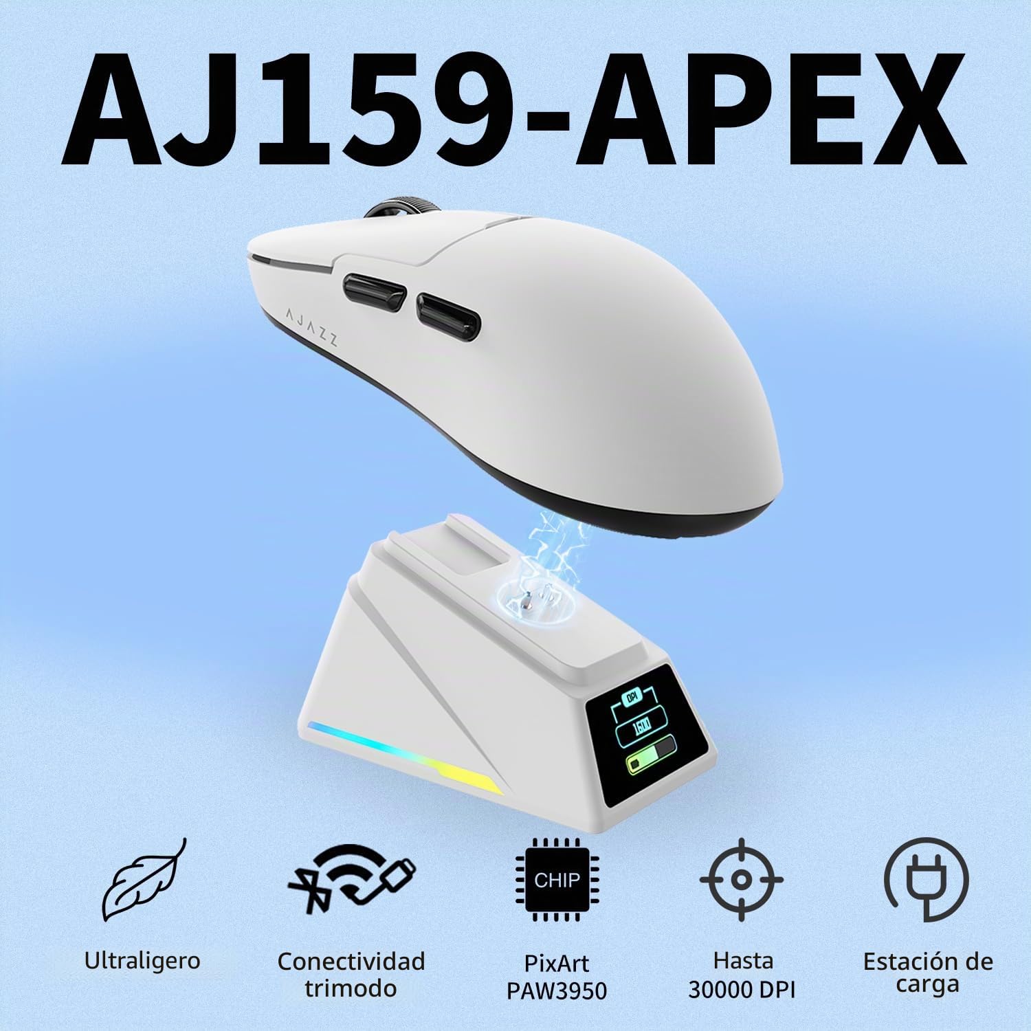 AJAZZ AJ159 Apex Wireless Gaming Mouse with RGB Magnetic Charging Base, Lightweight 56 gram Design, 2.4G/USB-C/BT, 400 mAh Battery, 42K dpi, 8000Hz Response Rate, Compatible with PC and Mac, White