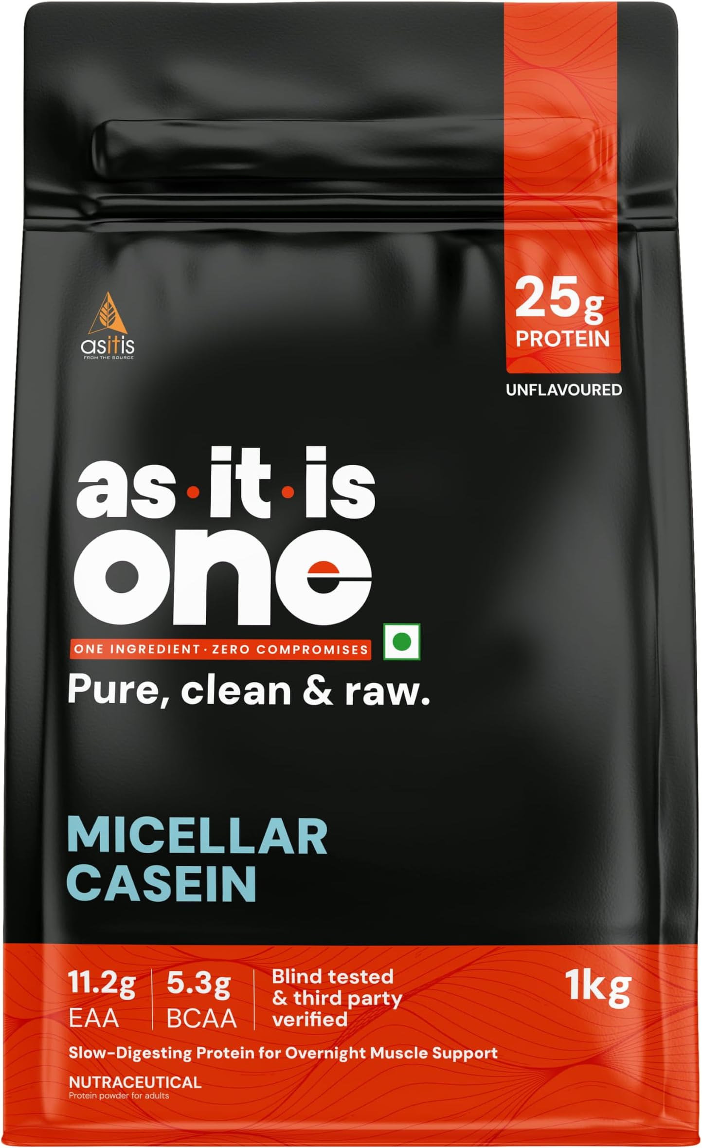 AS-IT-IS One Micellar Casein - Slow Releasing Protein, Unflavoured & Unsweetened 1kg, Supports Muscle Repair & Growth, Ideal for Nighttime Recovery