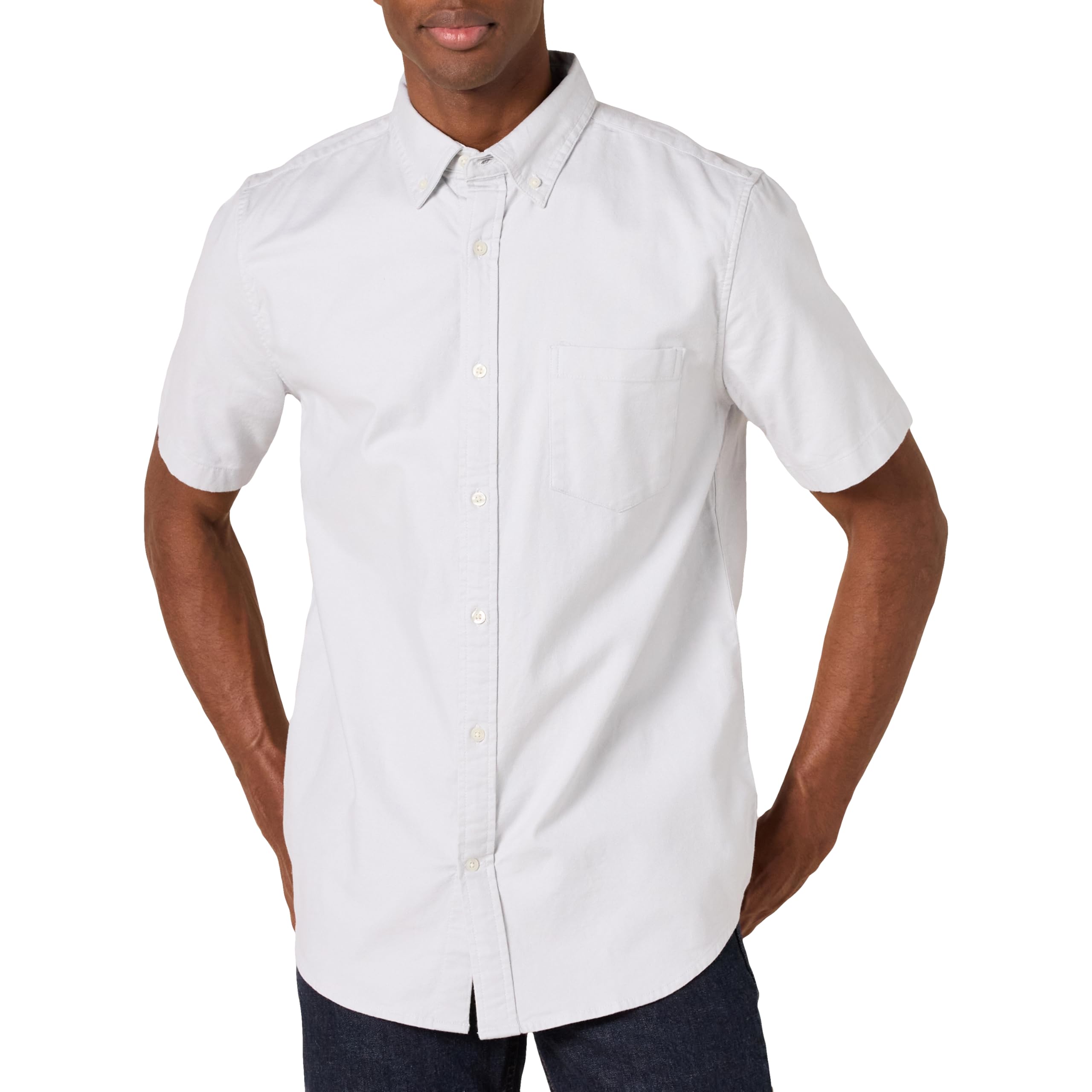 Amazon Essentials Men's Slim-Fit Short Sleeve Stretch Oxford Shirt with Pocket, Light Grey, Small