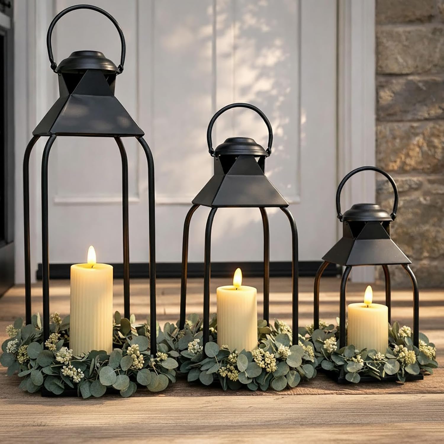 ZLFart Black Metal Candle Lanterns Set of 3 (20" 15.7" 12") - Indoor Outdoor Decor for Porch Patio Fireplace Wedding Farmhouse