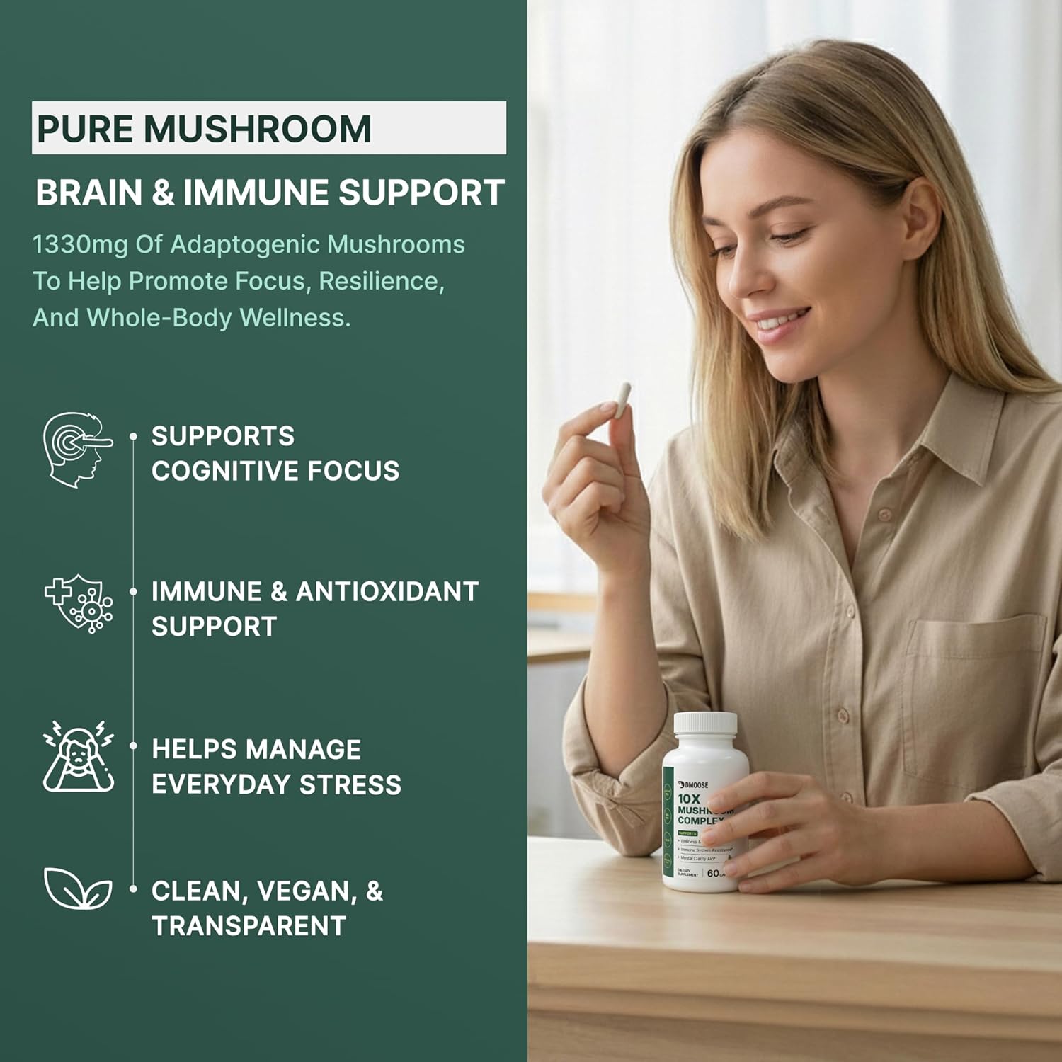 Lions Mane Mushroom Complex - 5300 mg Adaptogenic Blend for Memory, Focus & Immune Support - 5 in 1 Lionsmane, Chaga, Maitake, Shiitake & Reishi Supplement (60 Count (Pack of 1), 10X Mushroom Complex)