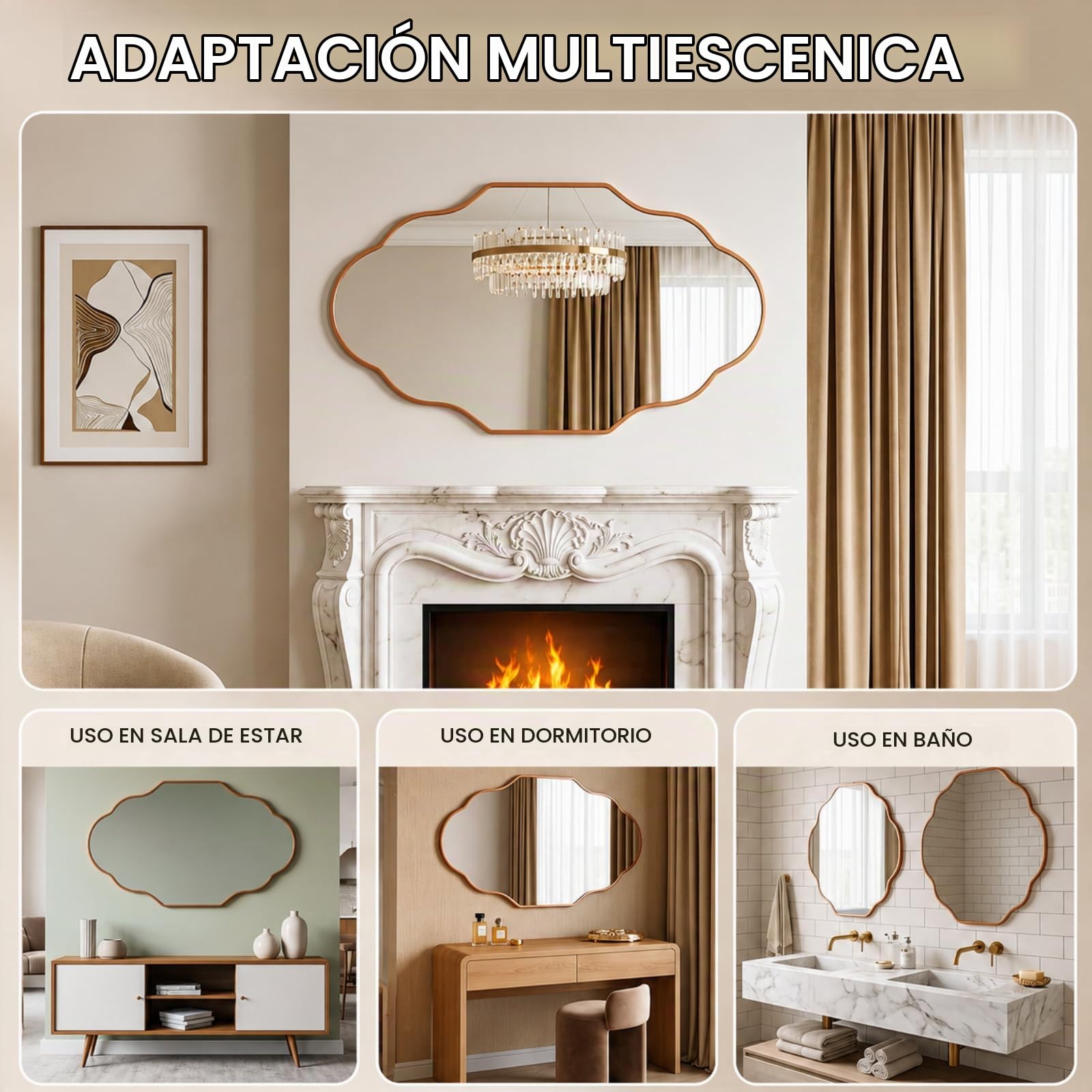 Clevich Espejo de Pared Irregular con Aluminio - diseño de farolillo Delgado y Moderno - Espejos Decorativos de Pared Elegante y Moderno - para Sala de Estar, baño, Dormitorio (Dorado, 66x116cm)