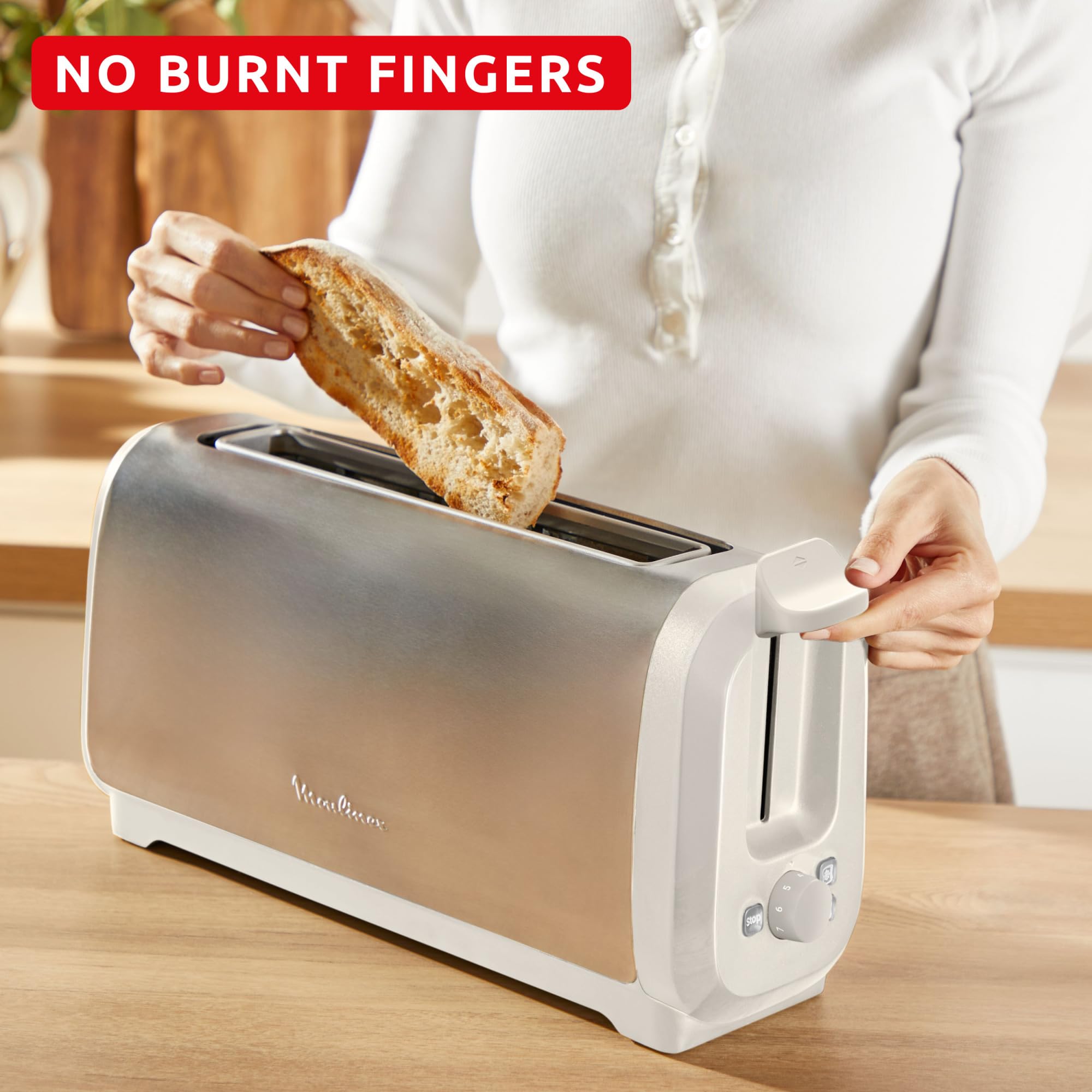 Moulinex Subito, Grille-pain longue fente avec chauffe-viennoiseries, Dorage plus rapide, Économies d'énergie, Rise et inox, LS5S1AE0