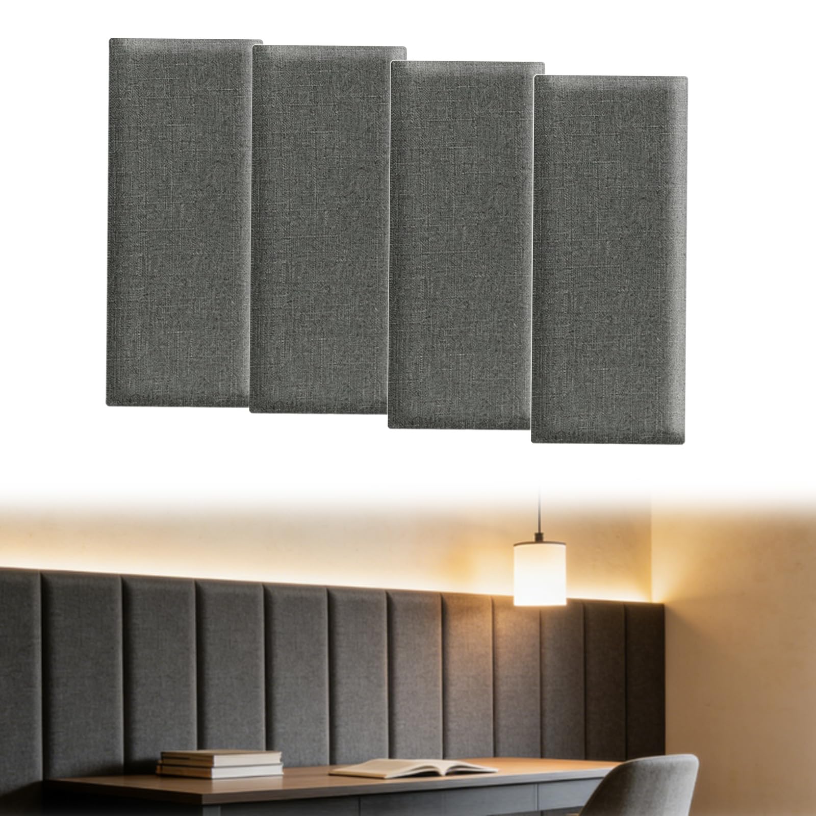 4 Stück Wandpaneele Gepolstert, 40x20cm Polsterpaneele Wandpolster Selbstklebend, Wandkissen als Kopfteil oder Prallschutzpaneel Verwendbar, Rechteckige Deko-Wandpaneele (Dunkelgrau A)