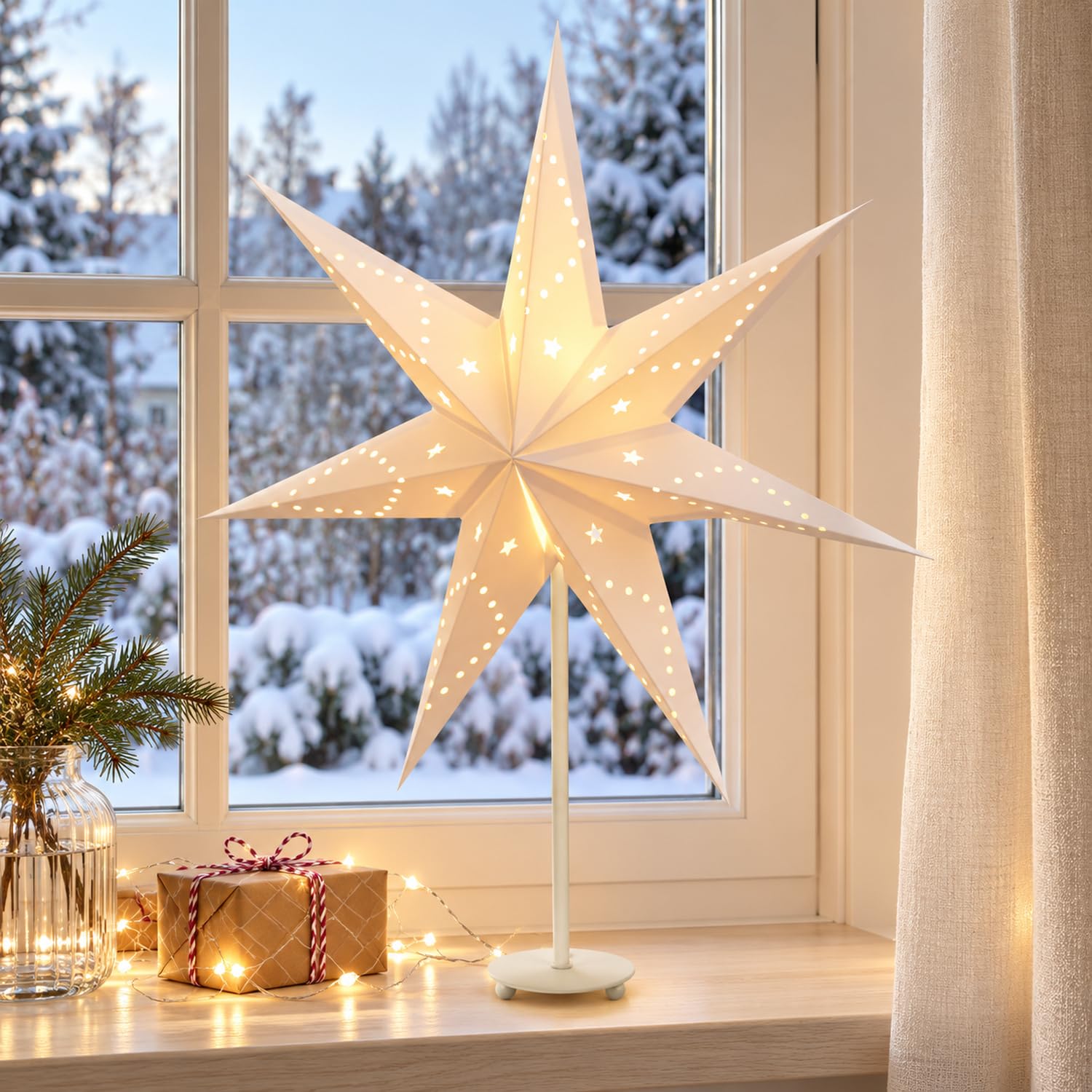 SALCAR LED-Weihnachtsstern mit Fuß, 35 cm Papierstern in Weiß