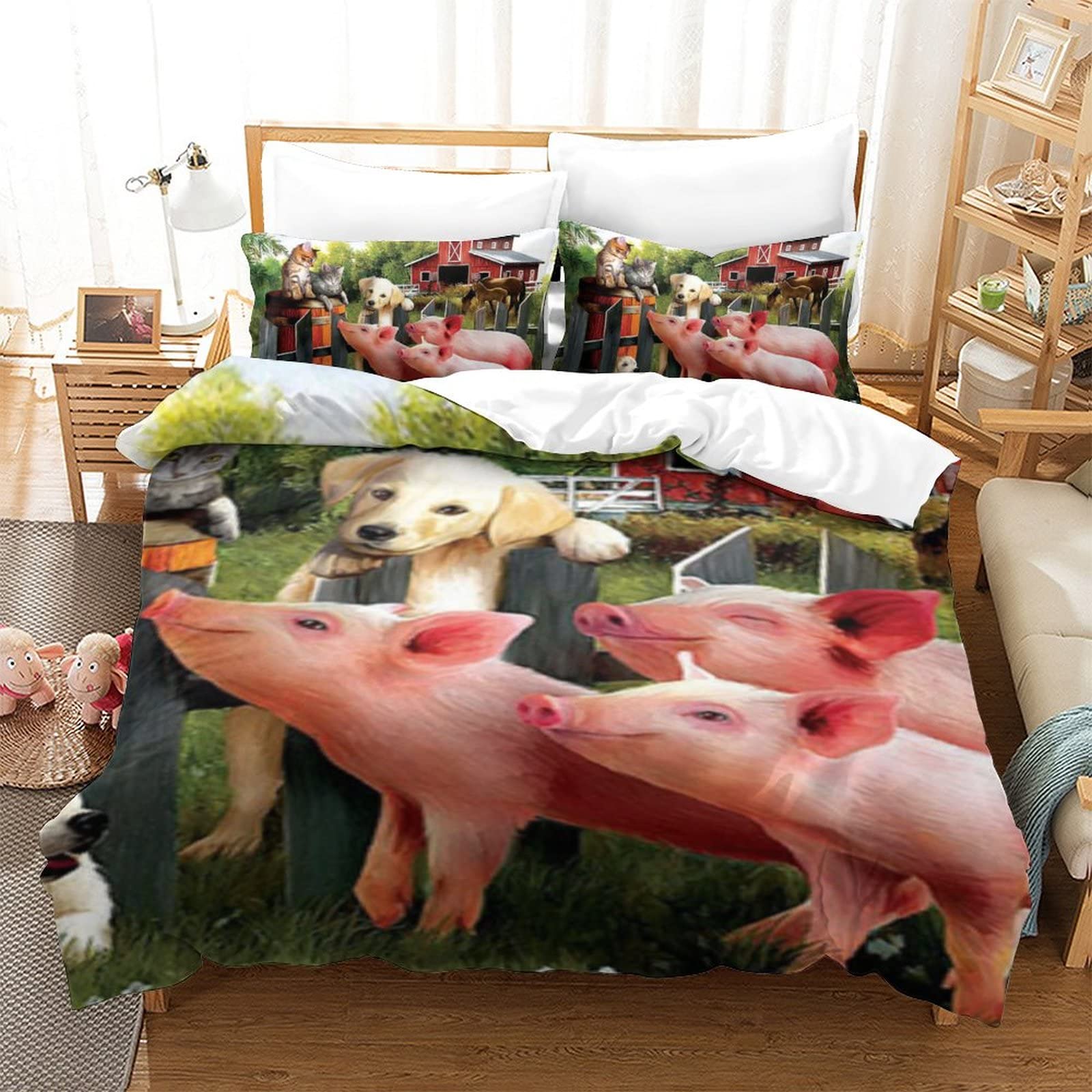 Housse de couette cochon 3D avec taie d'oreiller pour parure de lit enfant et ado