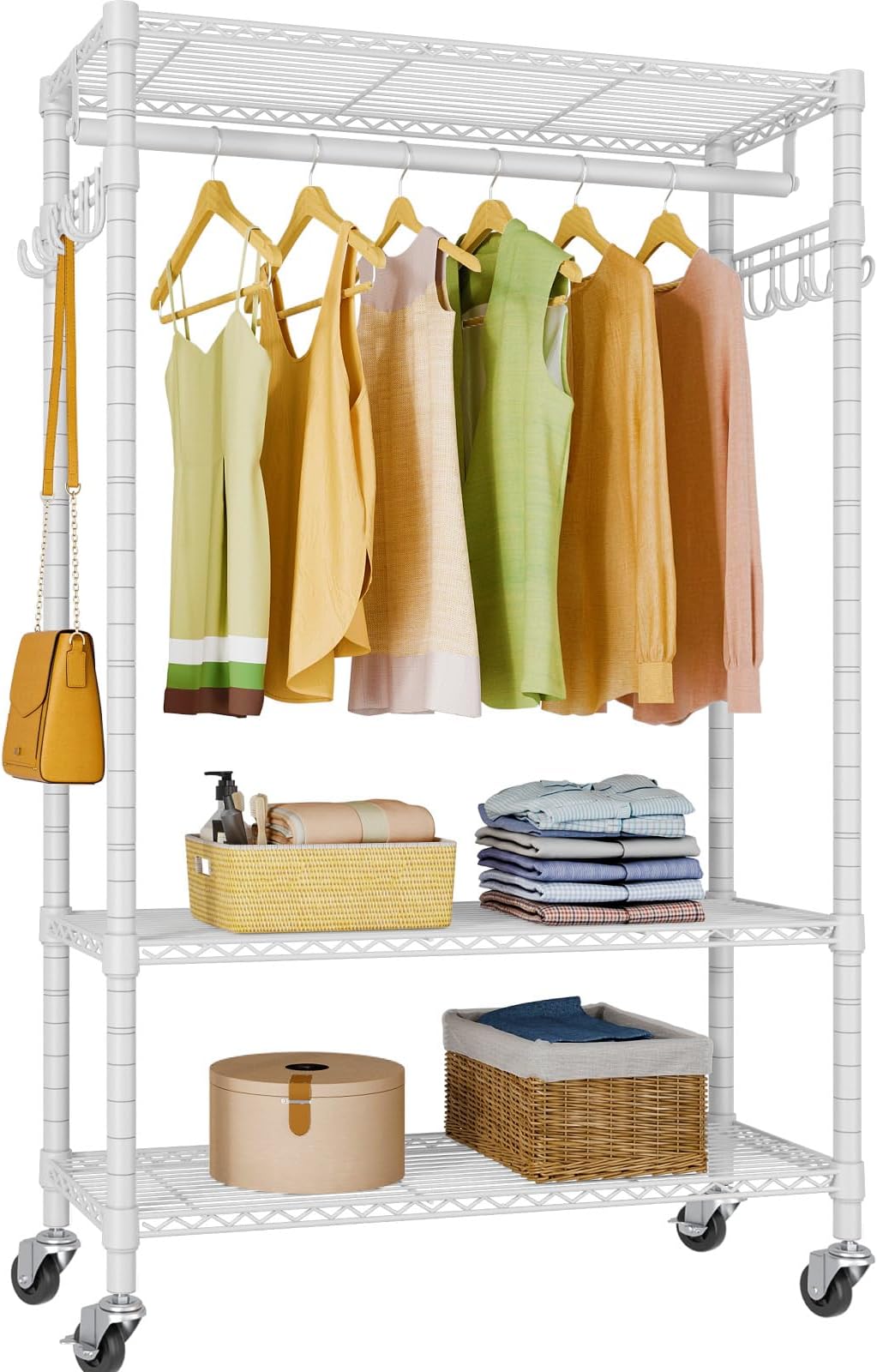 VIPEK R1 Plus Rolling Clothing Rack Heavy Duty Garment Rack for Hanging Clothes, Portable Closet Wardrobe with Wheels and Side Hooks, Adjustable Freestanding Metal Clothes Rack with Shelves, White