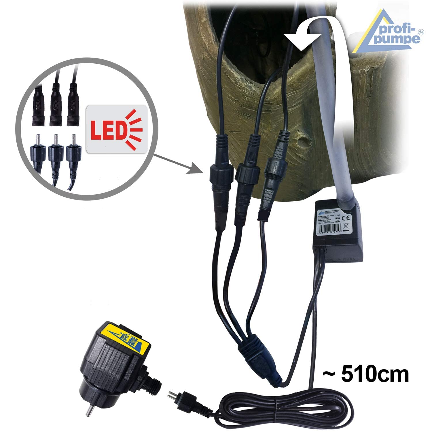 profi-pumpe.de Fontanna ogrodowa, ozdobna fontanna pokojowa, z oświetleniem LED, 230 V, wodospad do ogrodu, stawu ogrodowego, na taras, balkon, bardzo dekoracyjna