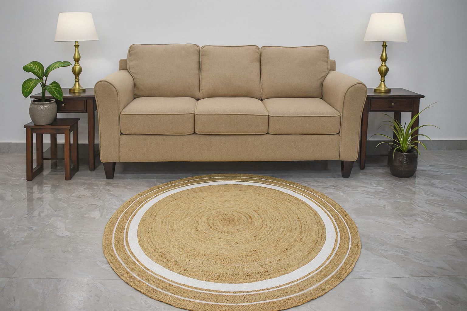 Vipanth – Tapis en Jute Naturelle avec Ligne Blanche, Fait à la Main, Tapis tressé réversible pour décoration d'intérieur (210 x 210 cm, Rond)