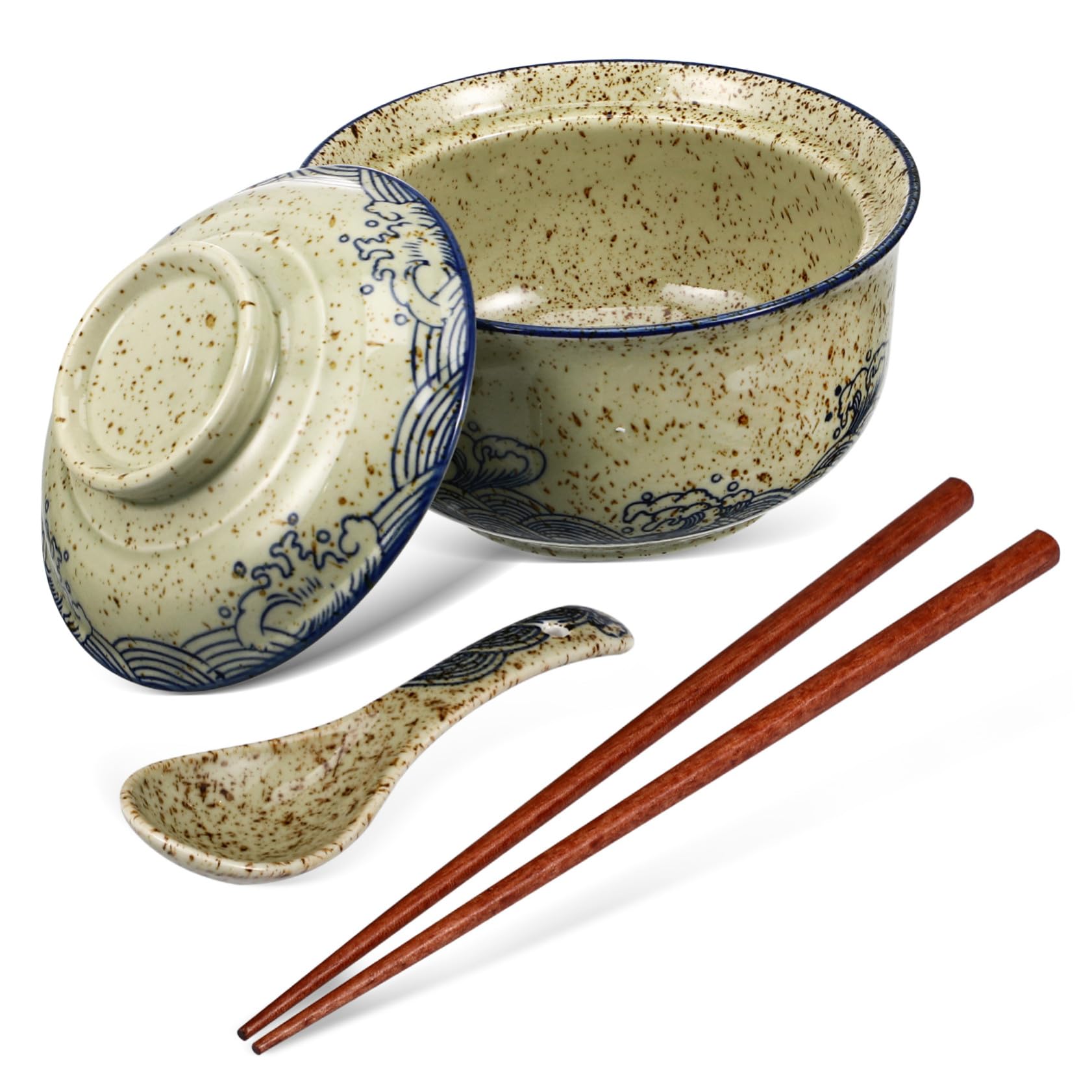STOBAZA Keramik-ramen-schüssel-set Mit Deckel, Essstäbchen Und Löffel Für Suppen Und Nudelgerichte, Großes Fassungsvermögen, Wärmespeichernd, Kompaktes Tischgeschirr-set