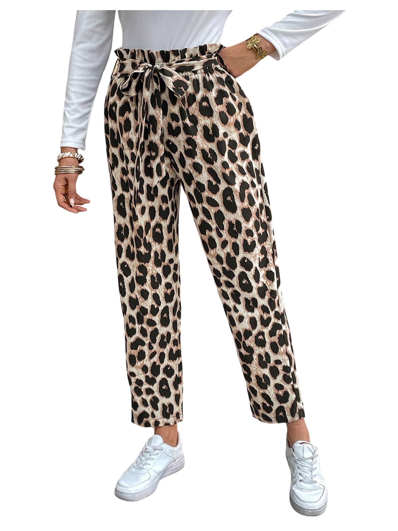 Floerns Womens Y2K Leopard Tapered Pants Belted High Waisted Casual Long Trousers