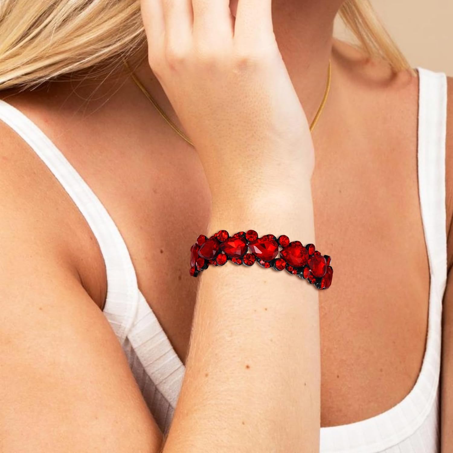 Flyonce Women's Austrian Crystal Wedding Bridal Floral Tear Drop Elastic Stretch Bracelet - Image 3