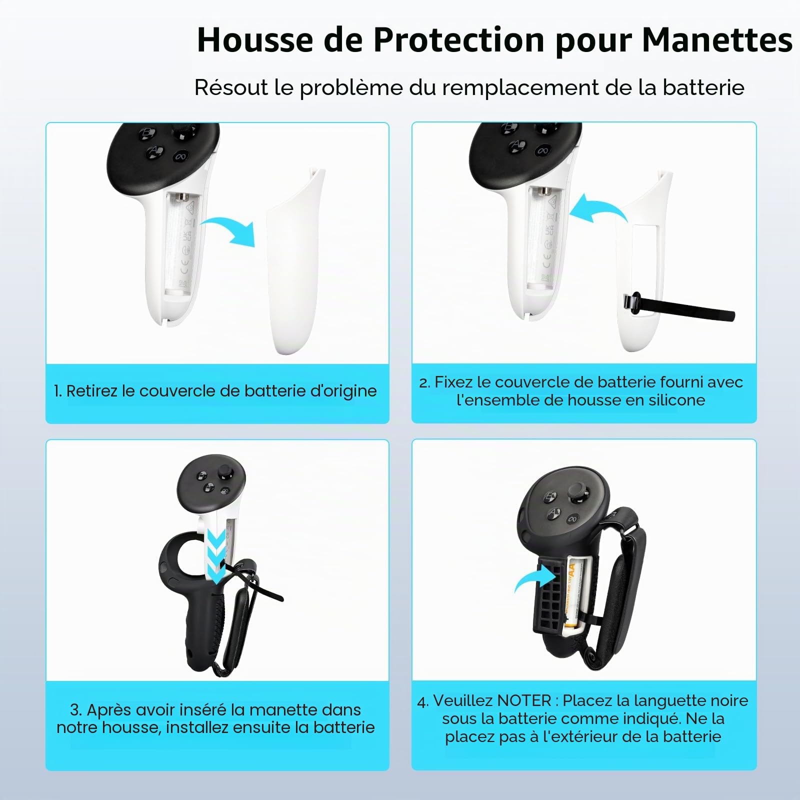 VR Touch Manette de Protection en Silicone pour Casque Meta Quest 3S/Quest 3 avec dragonne réglable, 1 Paire de poignées de Pouce et couvercles de Batterie, Noir, Style Simple