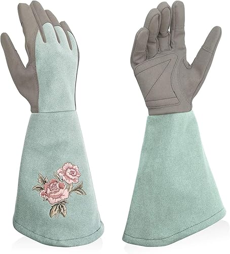 Vista 12 de Guantes de poda de rosas resistentes a las espinas, guantes de jardinería bordados con protección extra larga para antebrazo Rosa rojo