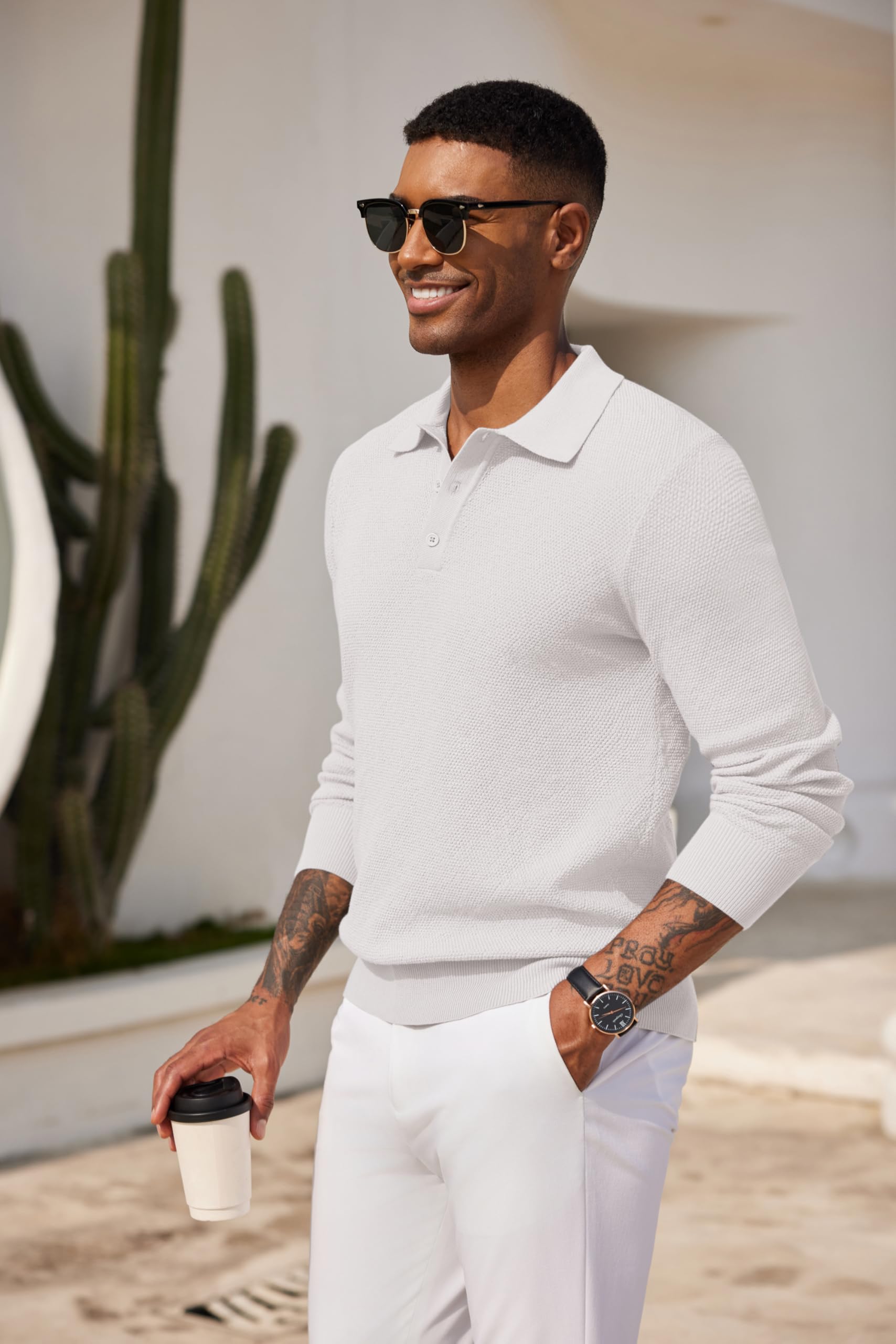 COOFANDY Polo da uomo in maglia a maniche lunghe casual polo maglioni camicia a nido d'ape con colletto