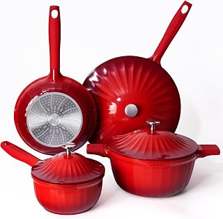 Nonstick Ceramic Cookware Set (7 Piece)–Titanium Cast Aluminum Pots and Pans Set with Lids, Non Toxic PFAS-Free Compatible with All Stovetops–Red