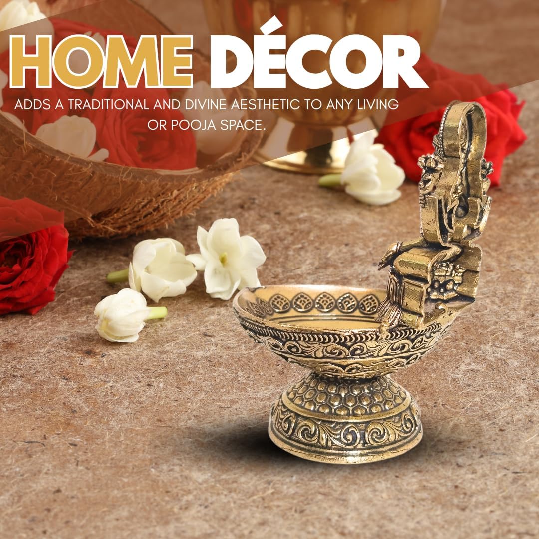 Brass Laxmi Diya Oil Lamp deepam Height 3.5" inch (Approx.) Antique Gold Finish Traditional Hindu Temple Pooja and Decor, Deepak for Diwali poojan.
